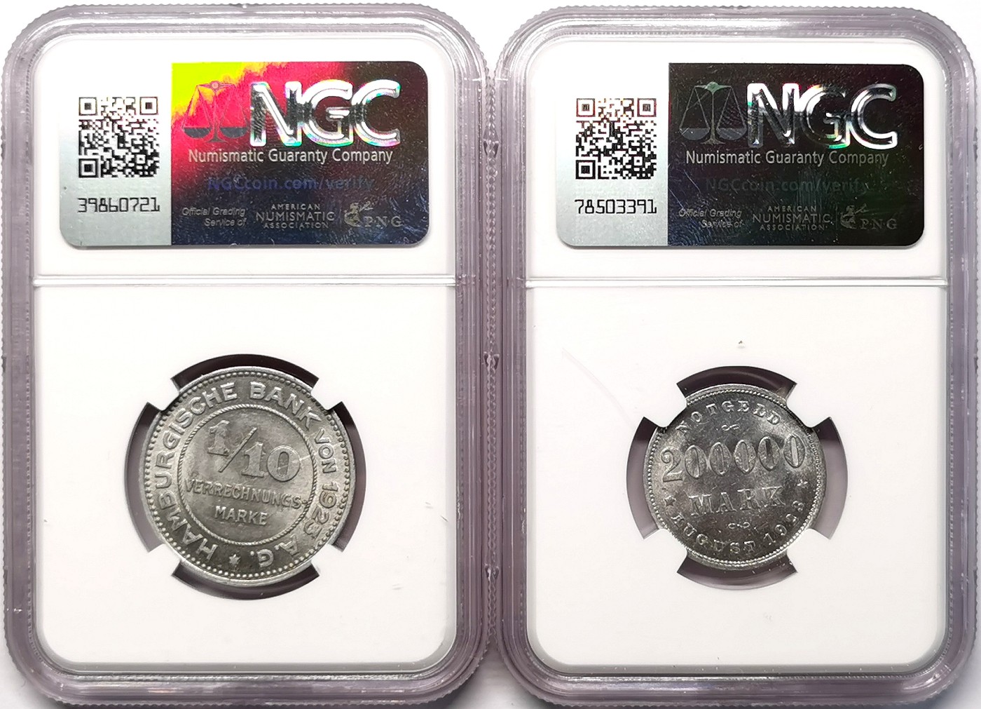 凡希社世界钱币微拍第二百六十三期 1923德紧汉堡1/10协议马克与200000马克铝币一对NGC-MS63
