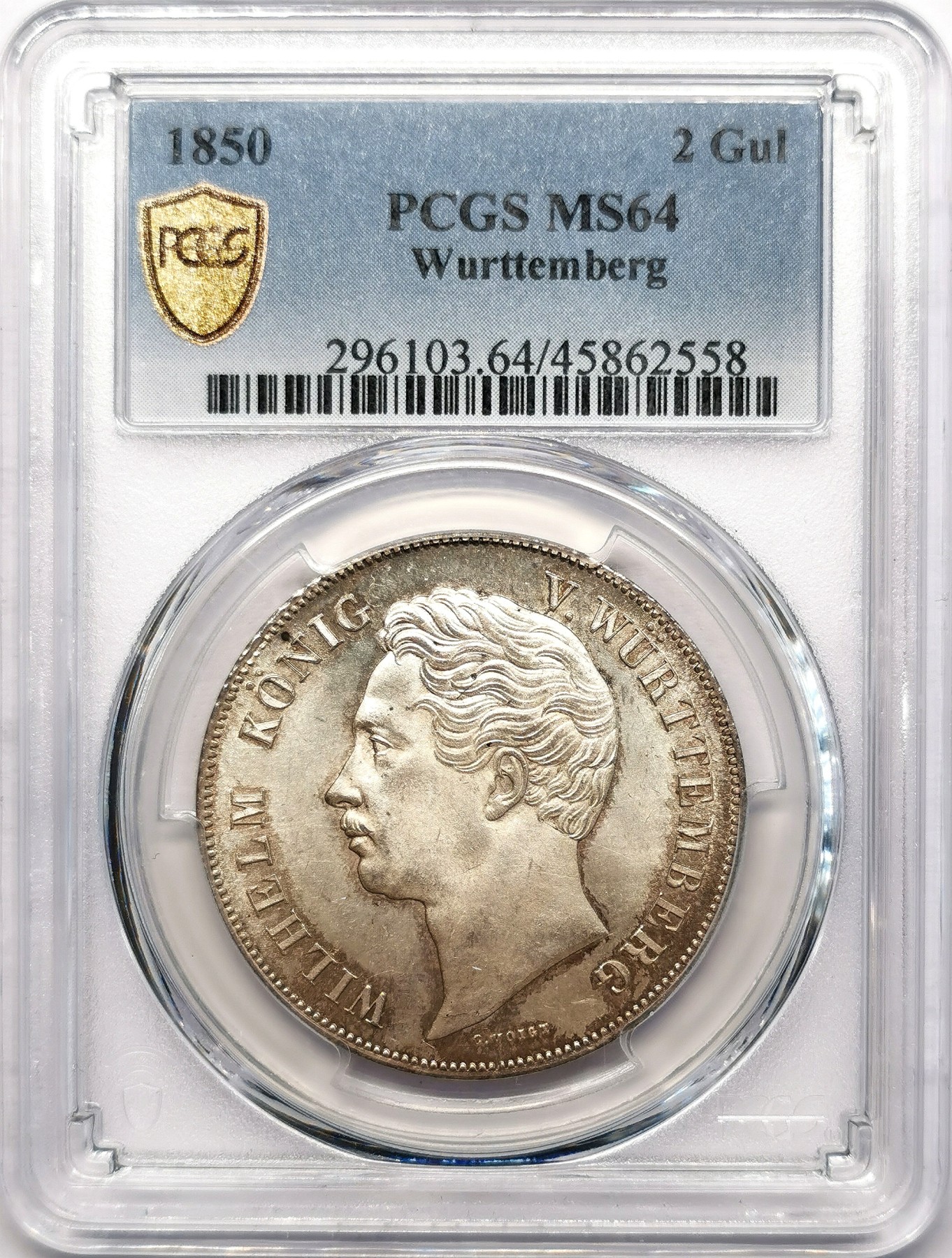 凡希社世界钱币微拍第二百六十三期 荐！1850符腾堡狮鹿盾徽2古尔登大银PCGS-MS64 淡彩粉光，P亚军分！
