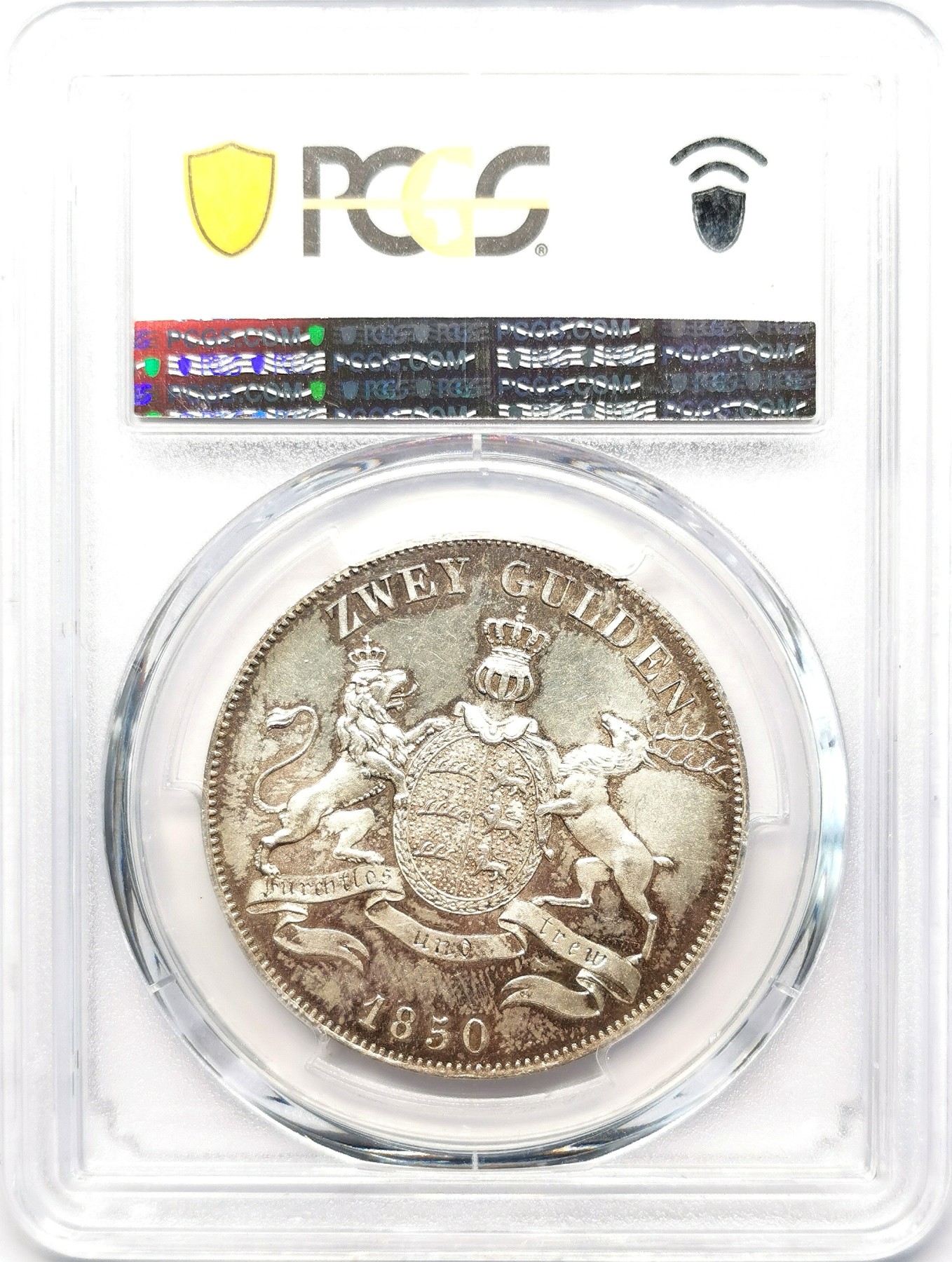 凡希社世界钱币微拍第二百六十三期 荐！1850符腾堡狮鹿盾徽2古尔登大银PCGS-MS64 淡彩粉光，P亚军分！