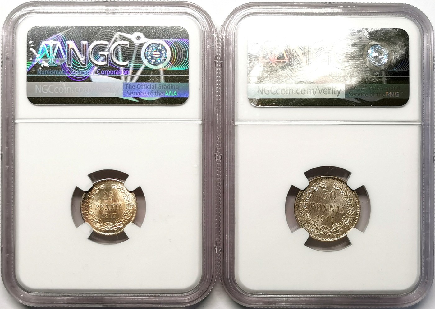 凡希社世界钱币微拍第二百六十三期 俄占芬兰25/50盆尼银币一对NGC-MS63/66