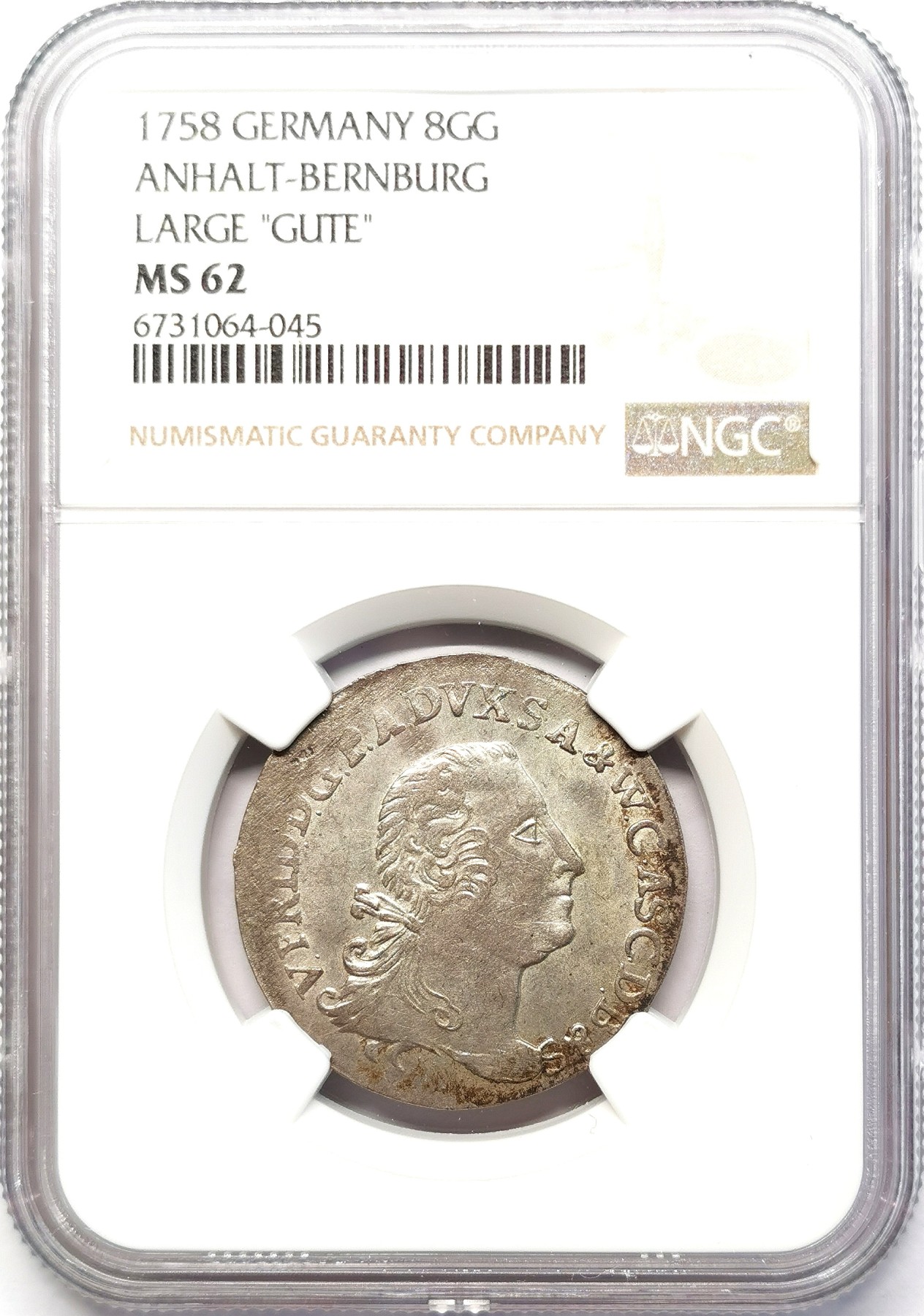 凡希社世界钱币微拍第二百六十三期 1758安哈特-伯恩堡8GuteGroschen银币NGC-MS62 一年型大字版！