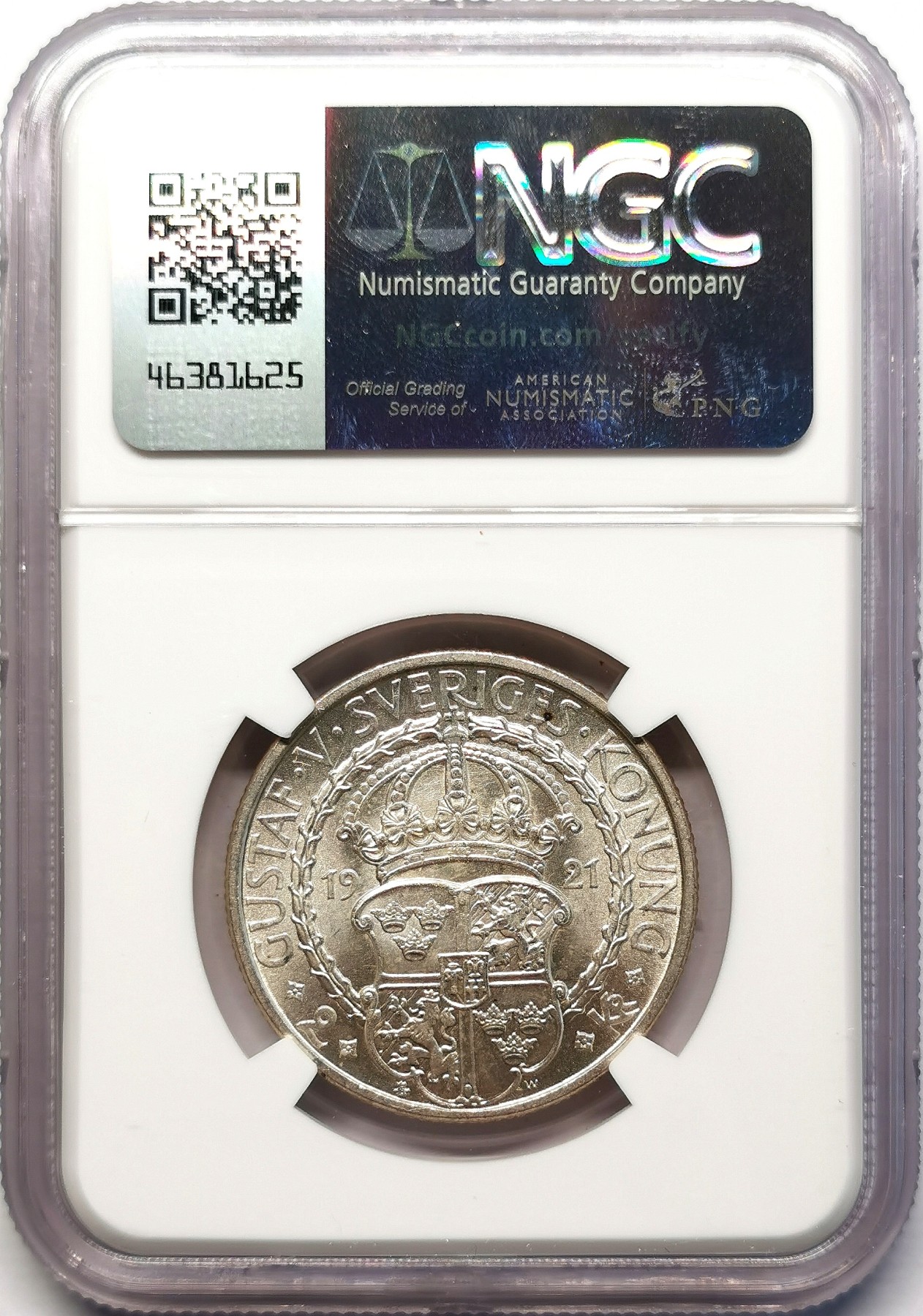 凡希社世界钱币微拍第二百六十三期 1921瑞典宗教自由400周年纪念2克朗NGC-MS66