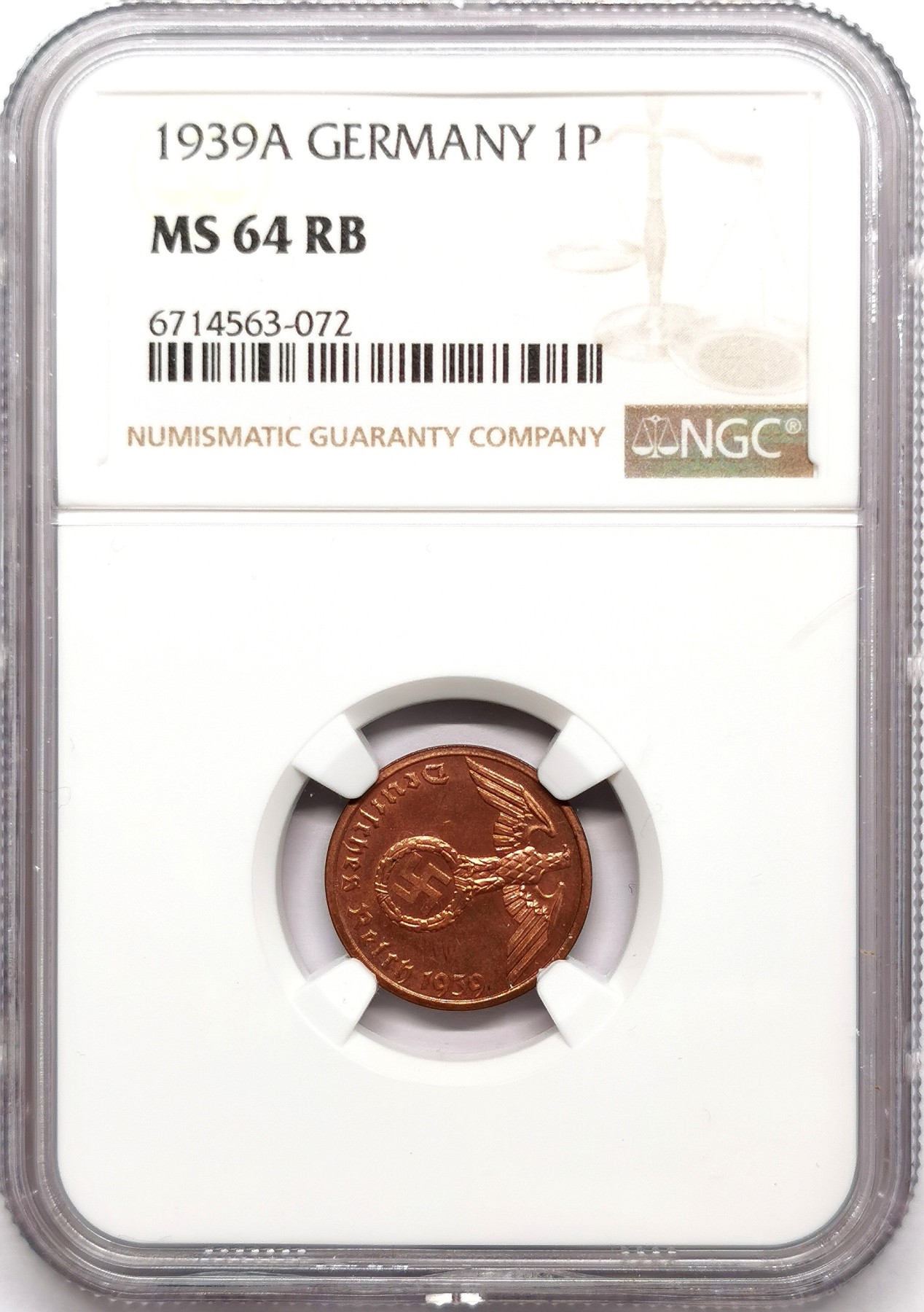 凡希社世界钱币微拍第二百六十三期 1939德国铜芬尼NGC-MS64 实物PL！