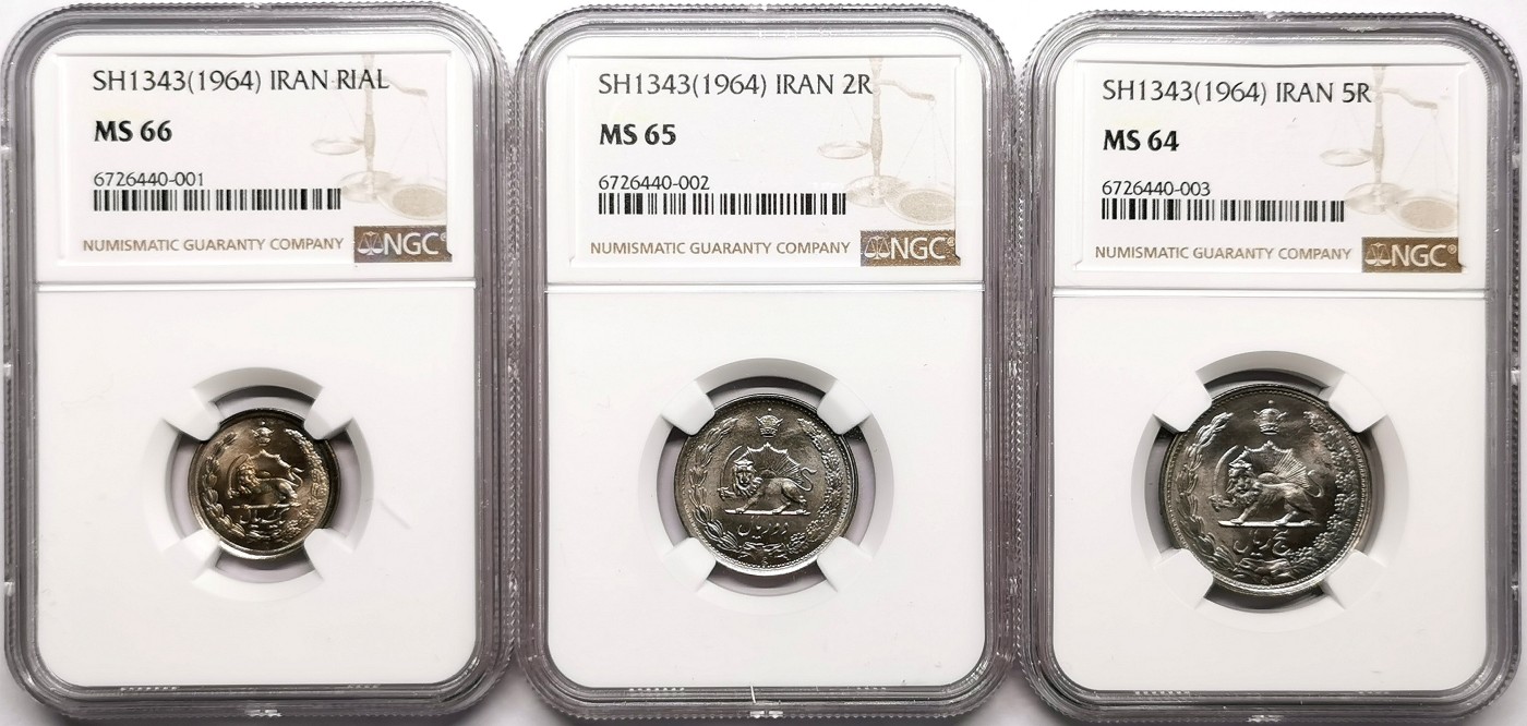 凡希社世界钱币微拍第二百六十三期 1964伊朗流通版1/2/5R镍币三枚NGC-MS66/65/64