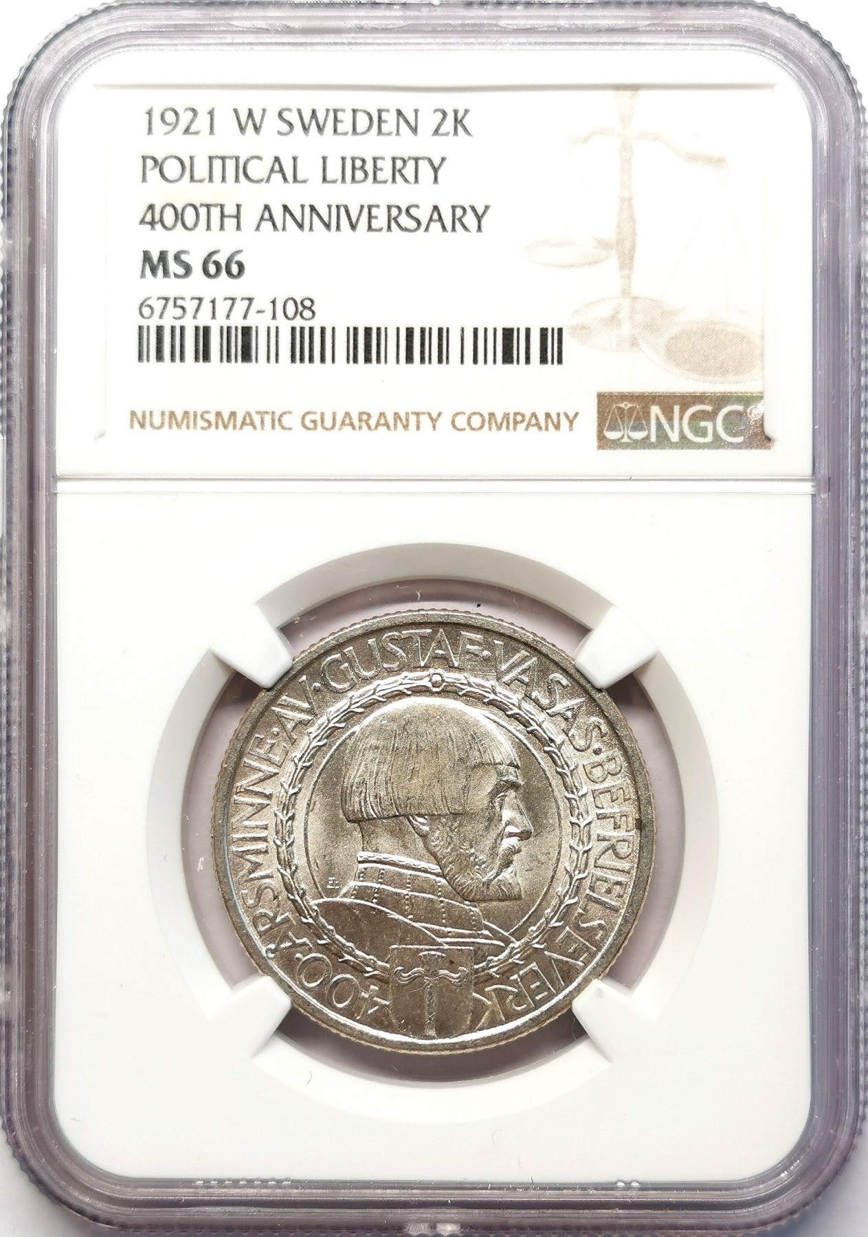 凡希社世界钱币微拍第二百六十三期 1921瑞典宗教自由400周年纪念2克朗NGC-MS66