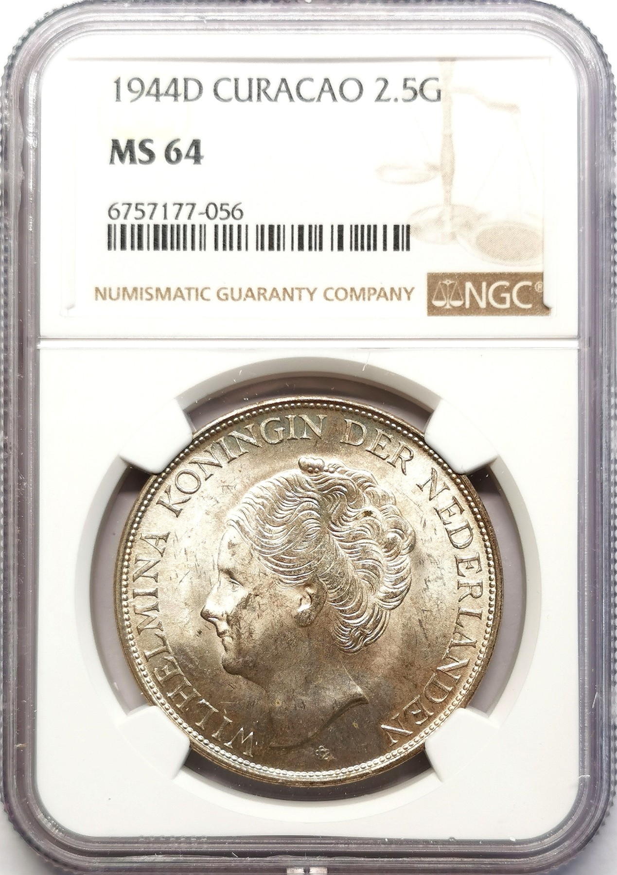 凡希社世界钱币微拍第二百六十三期 1944D荷属库拉索威廉敏娜2.5盾大银NGC-MS64