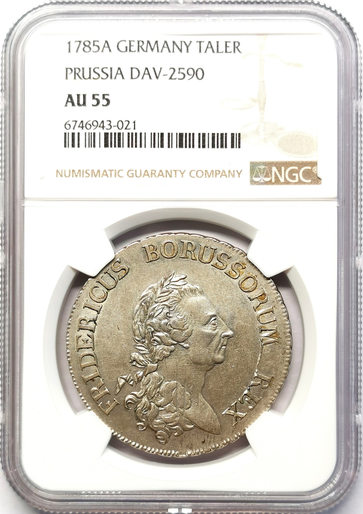 凡希社世界钱币微拍第二百六十三期 荐！1785A普鲁士弗里德里希大王大炮王冠鹰泰勒大银NGC-AU55，淡彩黄光，原味细节赞，普鲁士经典泰勒！