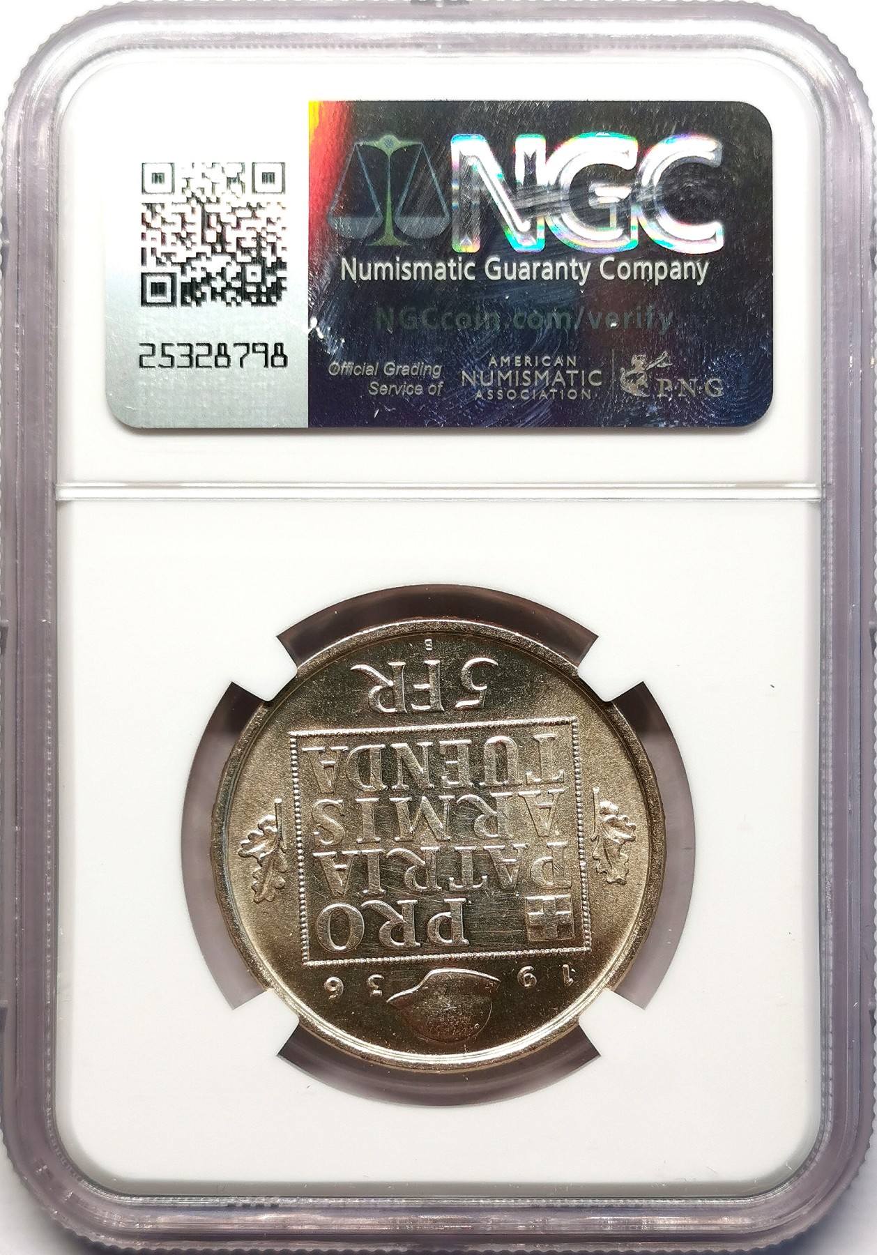 凡希社世界钱币微拍第二百六十三期 1936瑞士军备基金5法郎银币NGC-UNCD