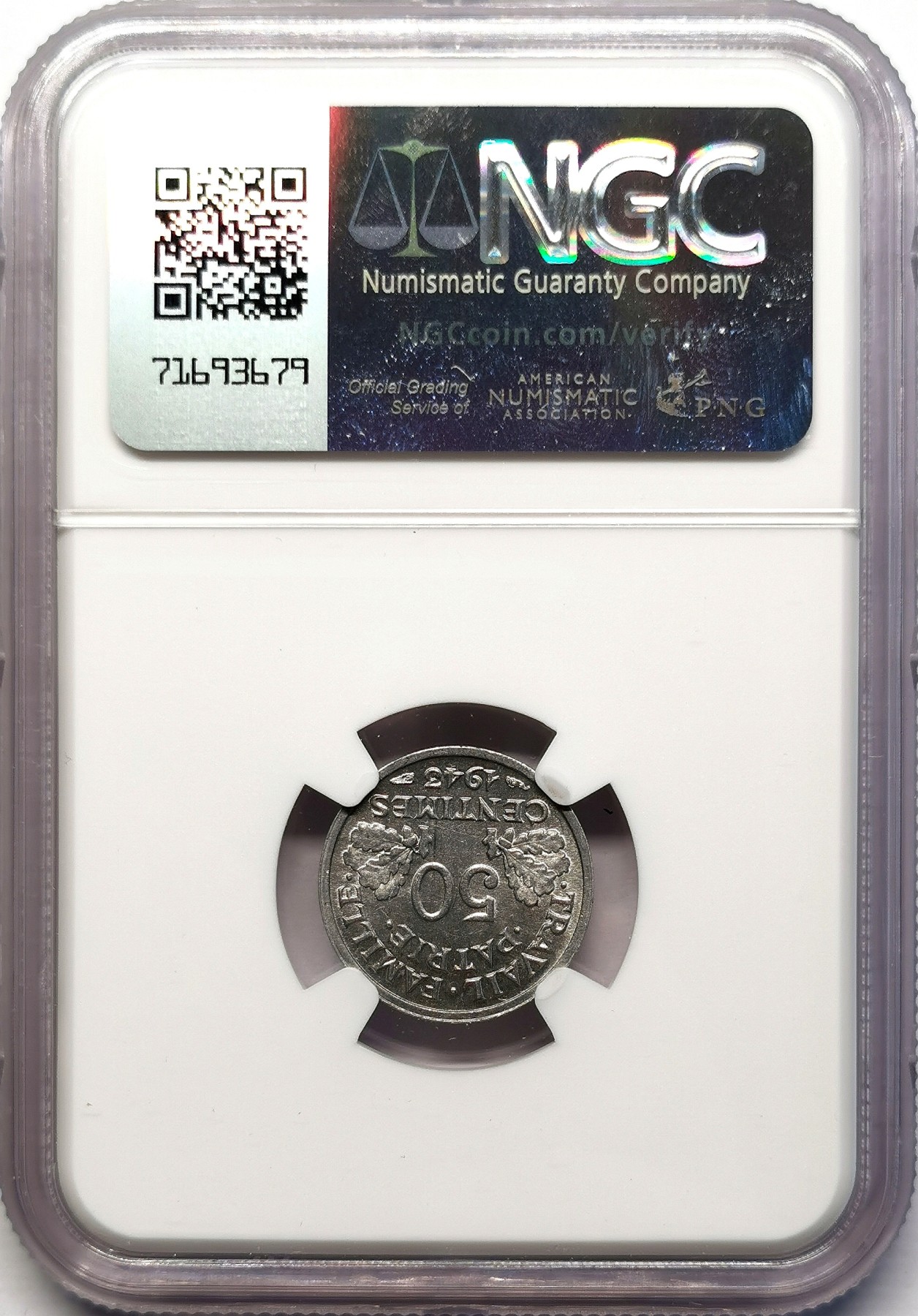 凡希社世界钱币微拍第二百六十三期 1943法国维希政府50分NGC-MS64