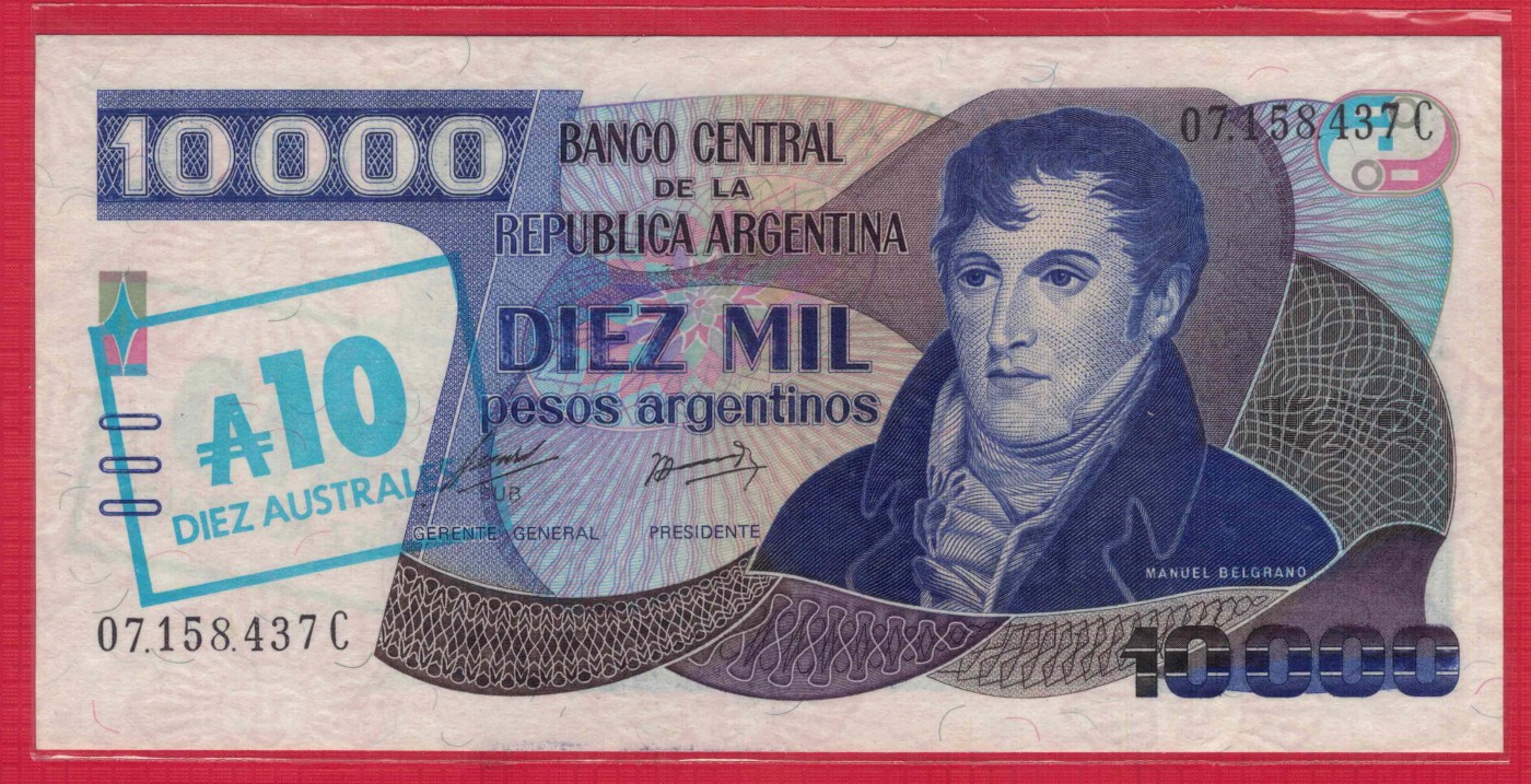 阿根廷1985年10000比索改值10奥斯特 C冠 P-322 美洲纸币 实物图 UNC