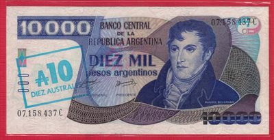 阿根廷1985年10000比索改值10奥斯特 C冠 P-322 美洲纸币 实物图 UNC - 阿根廷1985年10000比索改值10奥斯特 C冠 P-322 美洲纸币 实物图 UNC
