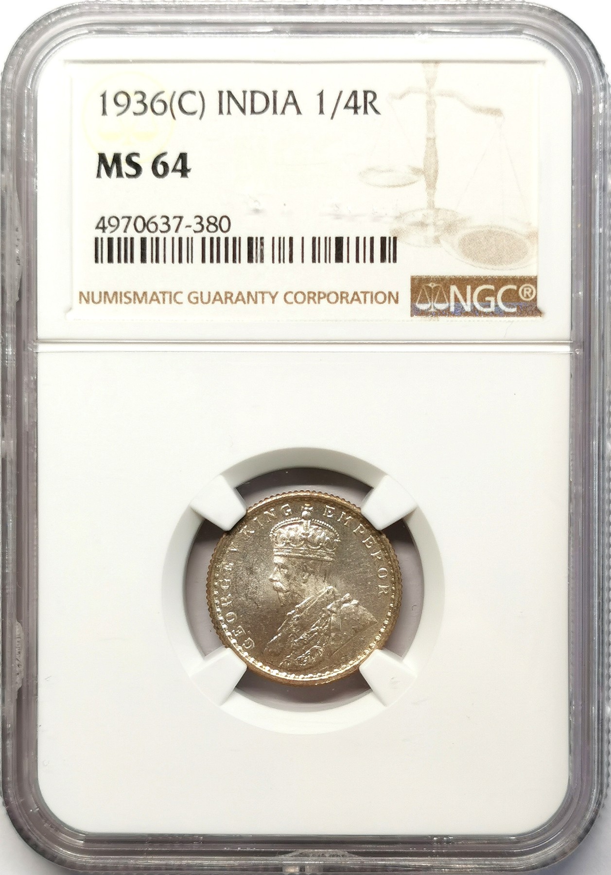凡希社世界钱币微拍第二百六十三期 1936英属印度乔五1/4卢比NGC-MS64