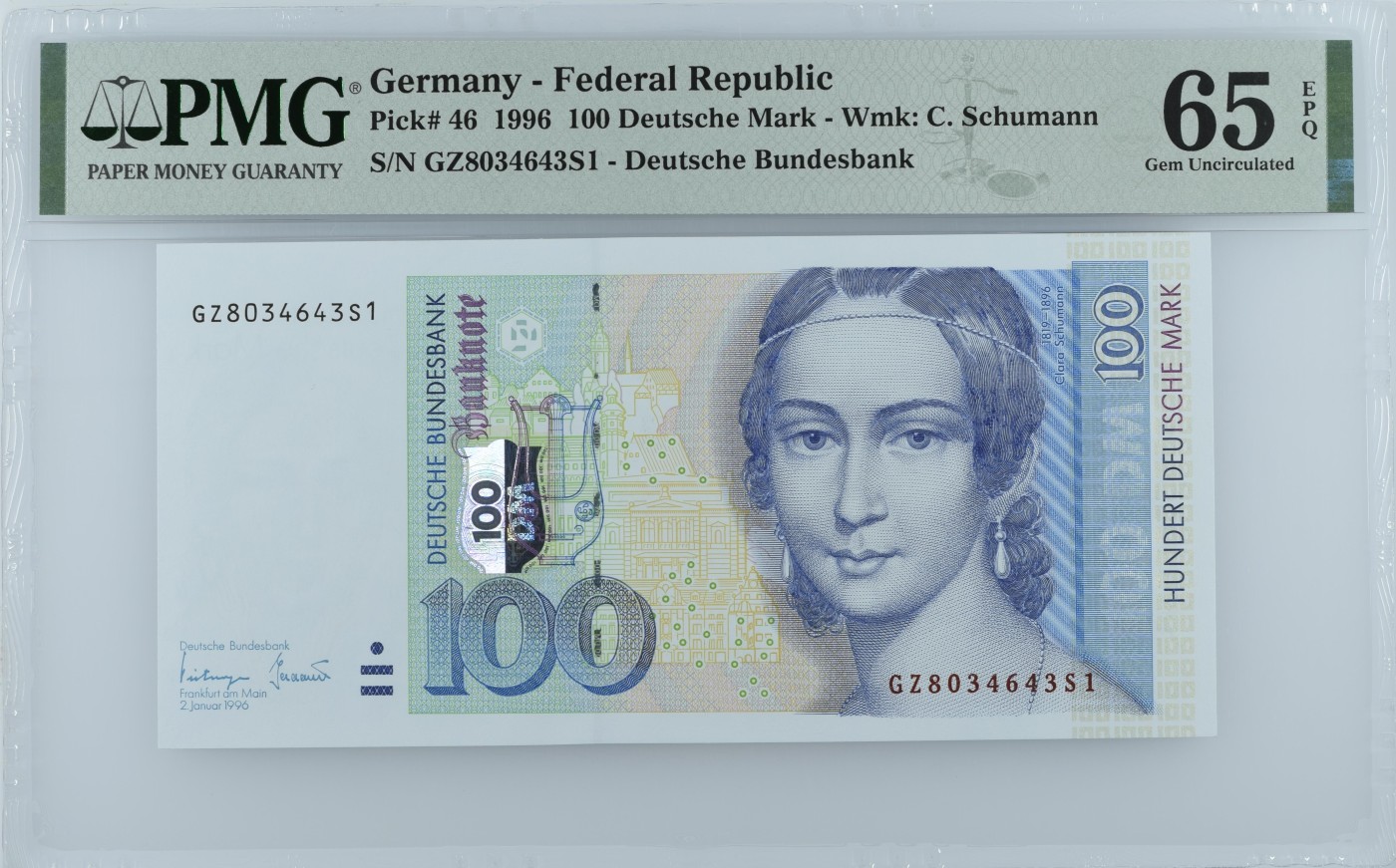 收藏联盟Quantum Auction 第331期拍卖    德国联邦1996年100马克 PMG65 钢琴家 克拉拉舒曼