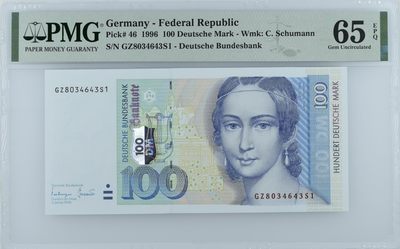 收藏联盟Quantum Auction 第331期拍卖  -   德国联邦1996年100马克 PMG65 钢琴家 克拉拉舒曼