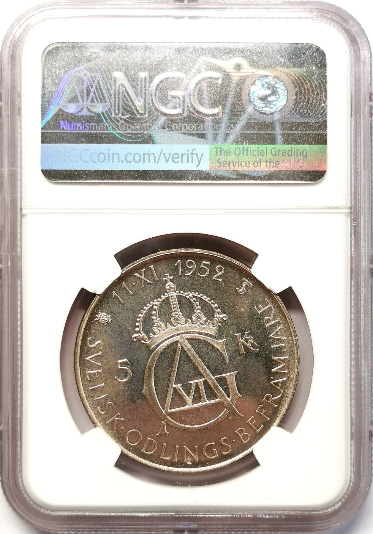 凡希社世界钱币微拍第二百六十三期 1952瑞典国王寿辰纪念5克朗大银NGC-MS65