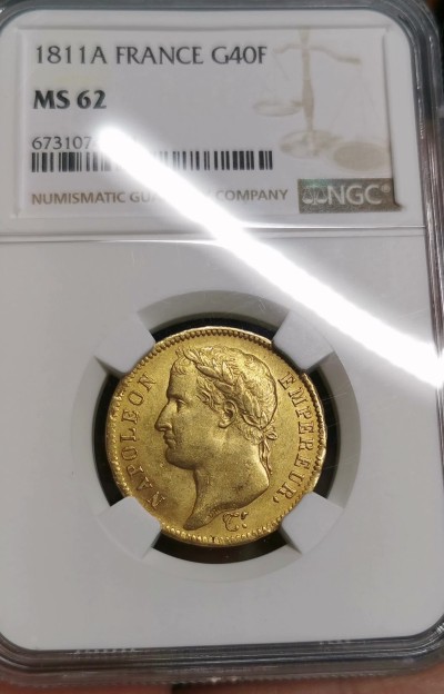 凡希社世界钱币微拍第二百六十三期 荐！1811A法国拿破仑桂冠像40法郎金币NGC-MS62 金色明亮，无弱打无减重痕！12.903g，900金