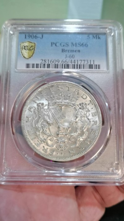 PCGS-MS66德国1906年不莱梅自由市5马克银币