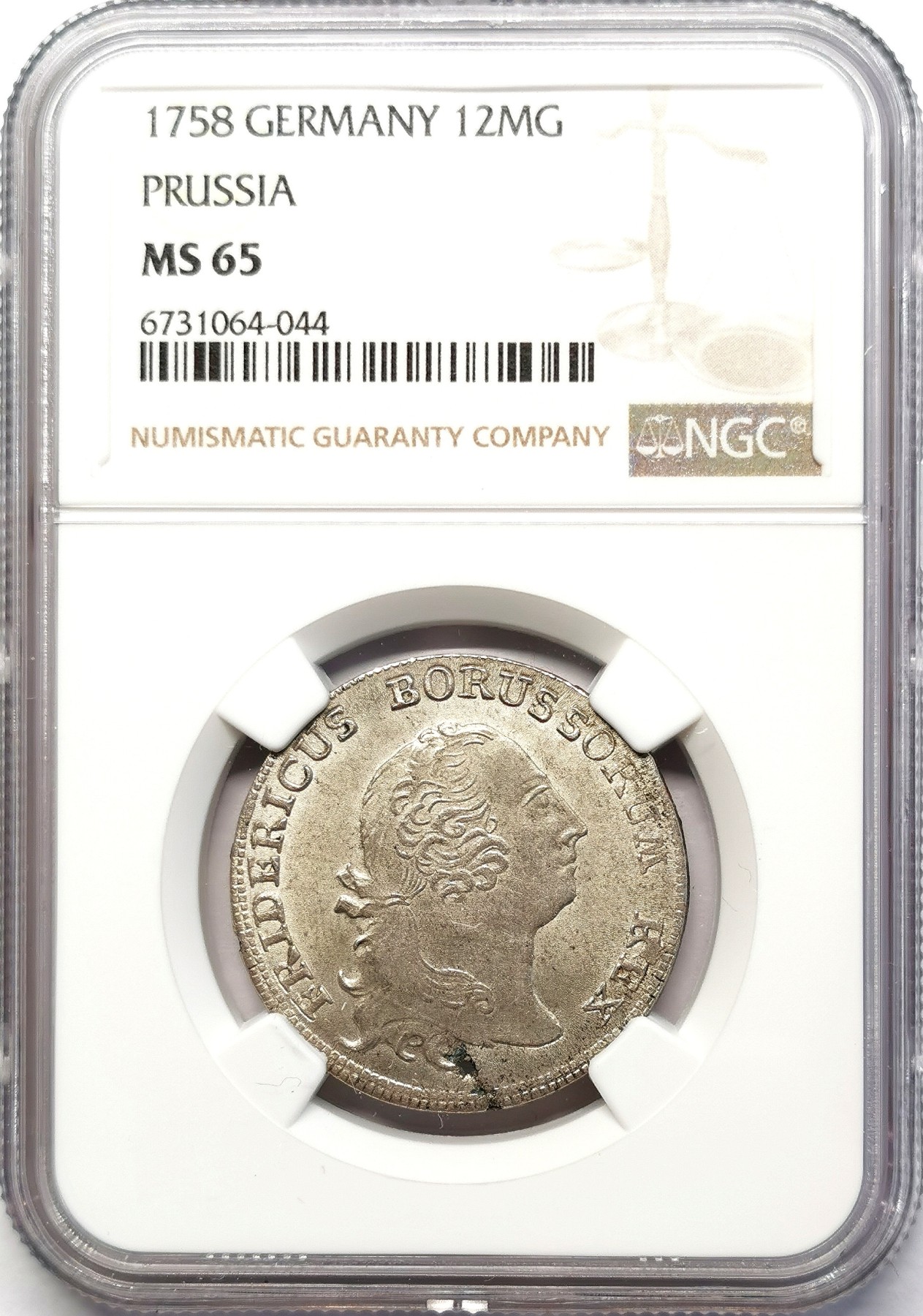 凡希社世界钱币微拍第二百六十三期 1758普鲁士12MarienGroschen（1/3泰勒）银币NGC-MS65 年份下星版，一年型，品相卓越，N唯一最高分！