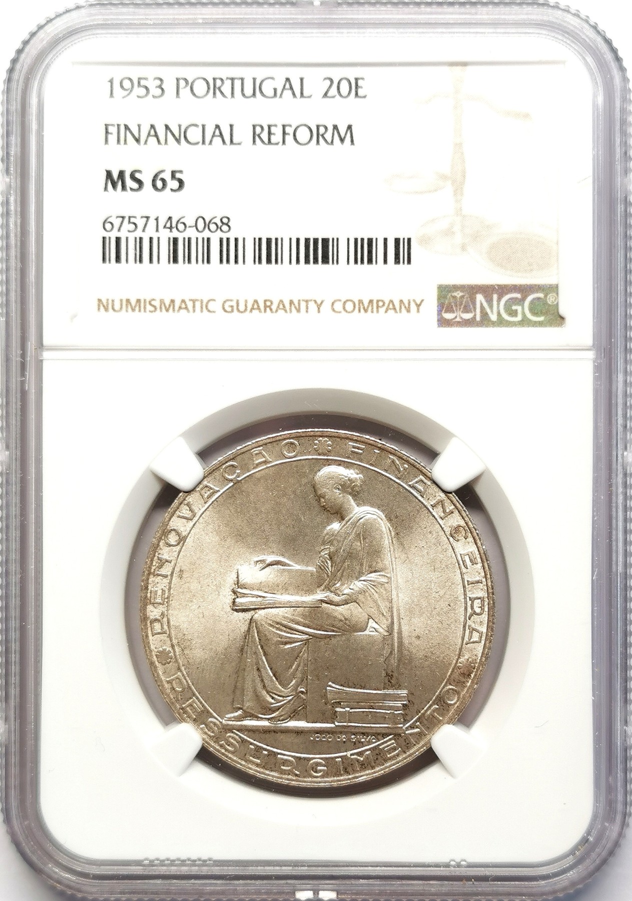 凡希社世界钱币微拍第二百六十三期 1953葡萄牙金融改革20E纪念大银NGC-MS65