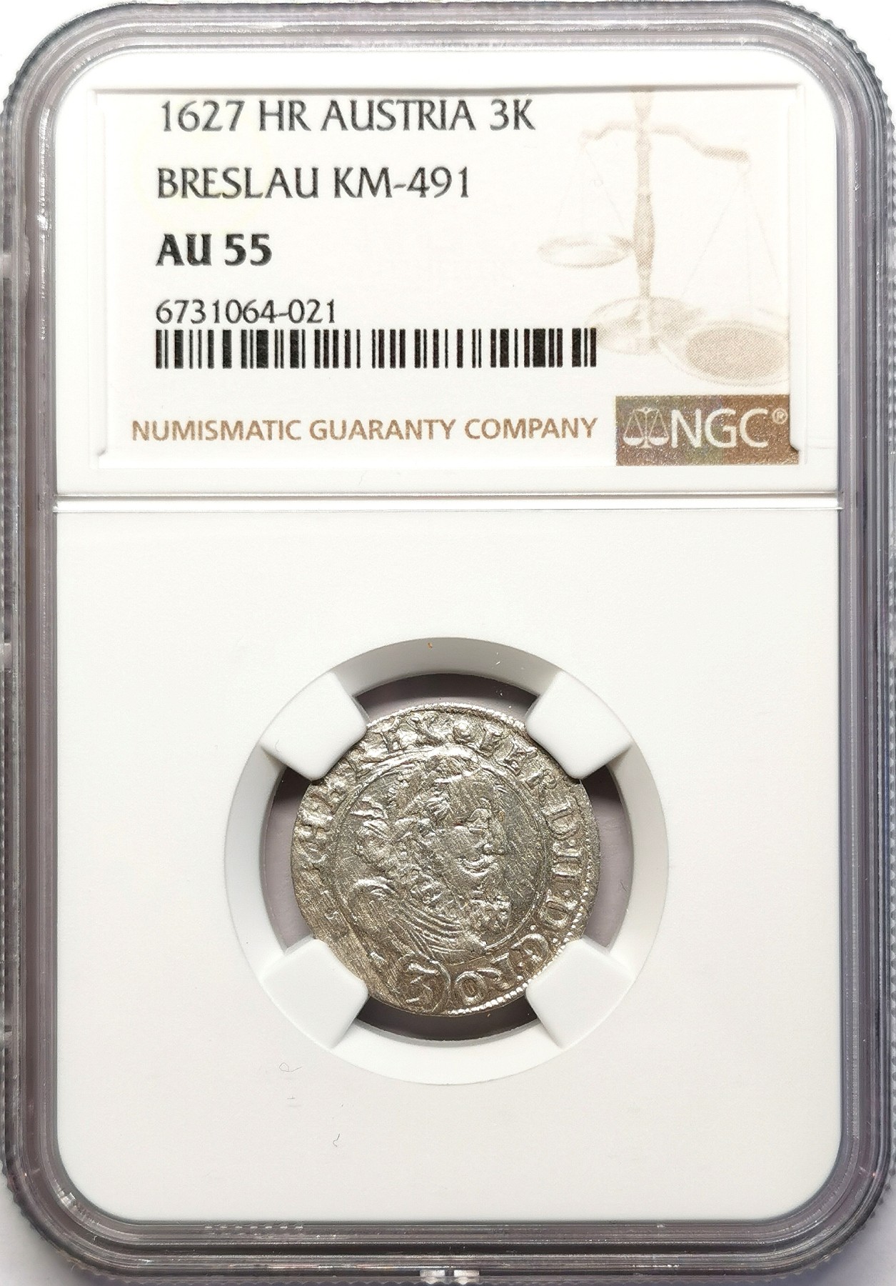 凡希社世界钱币微拍第二百六十三期 1627神罗布雷斯劳3K银辅币NGC-AU55