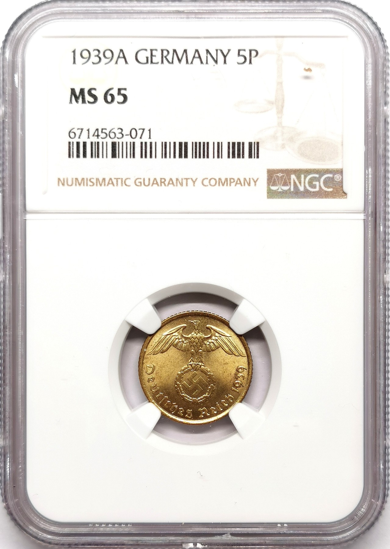 凡希社世界钱币微拍第二百六十三期 1939德国黄铜5芬尼NGC-MS65