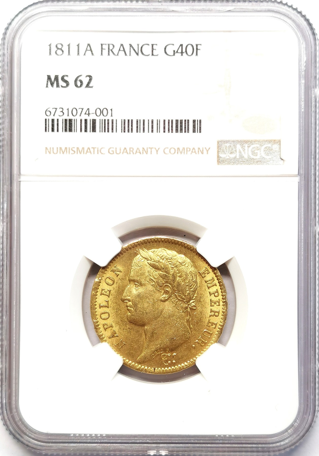 凡希社世界钱币微拍第二百六十三期 荐！1811A法国拿破仑桂冠像40法郎金币NGC-MS62 金色明亮，无弱打无减重痕！12.903g，900金
