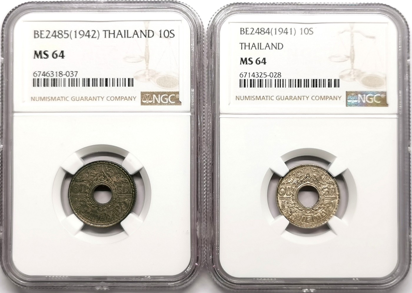 凡希社世界钱币微拍第二百六十三期 1941/42泰国10萨当两枚NGC-MS64