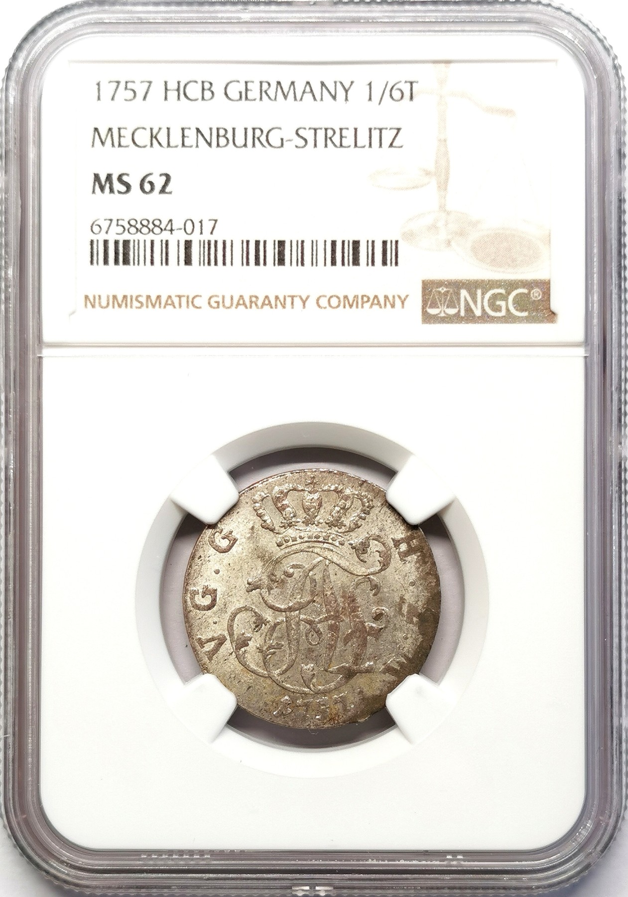 凡希社世界钱币微拍第二百六十三期 1757梅克伦堡－施特雷利茨1/6泰勒银币NGC-MS62