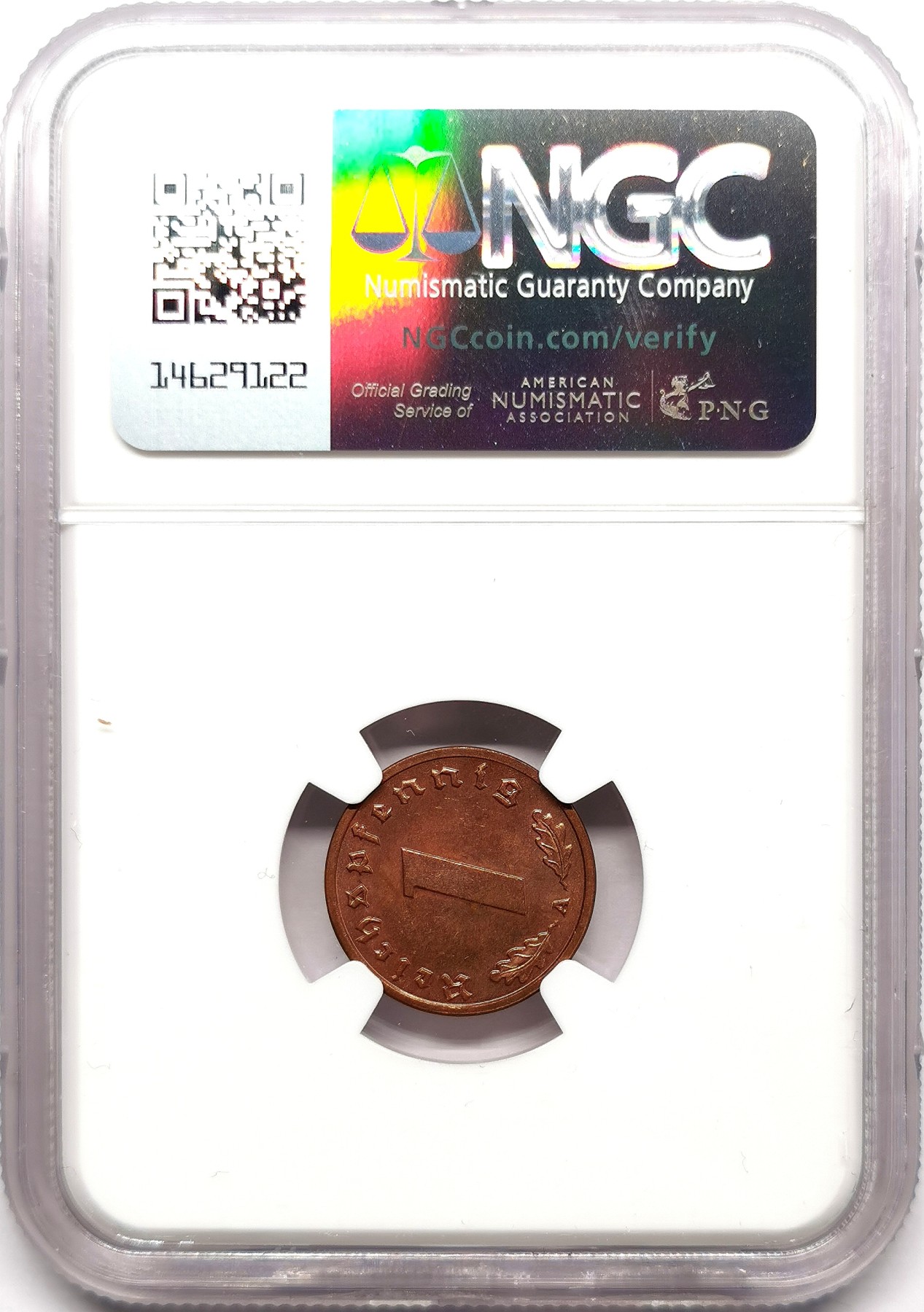 凡希社世界钱币微拍第二百六十三期 1939德国铜芬尼NGC-MS64 实物PL！