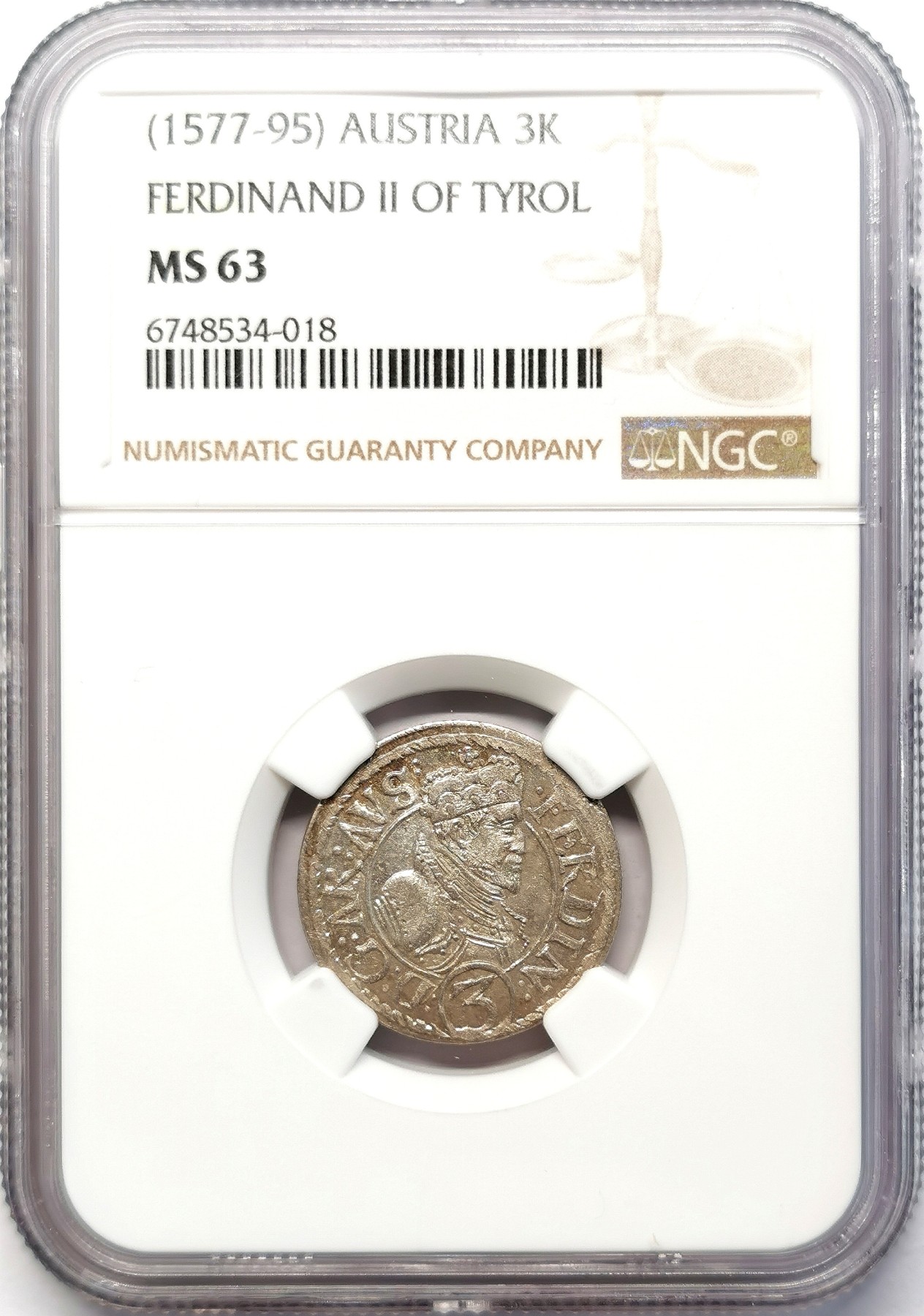 凡希社世界钱币微拍第二百六十三期 1577-95神罗蒂罗尔斐迪南二世3K银辅币NGC-MS63