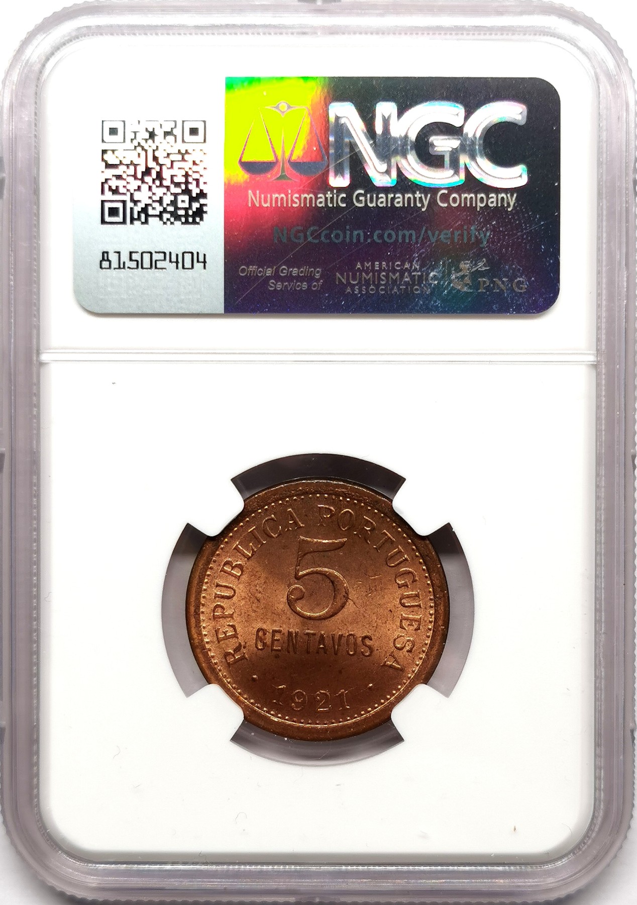 凡希社世界钱币微拍第二百六十三期 1921葡萄牙地球仪5分铜币NGC-MS65原色铜光！