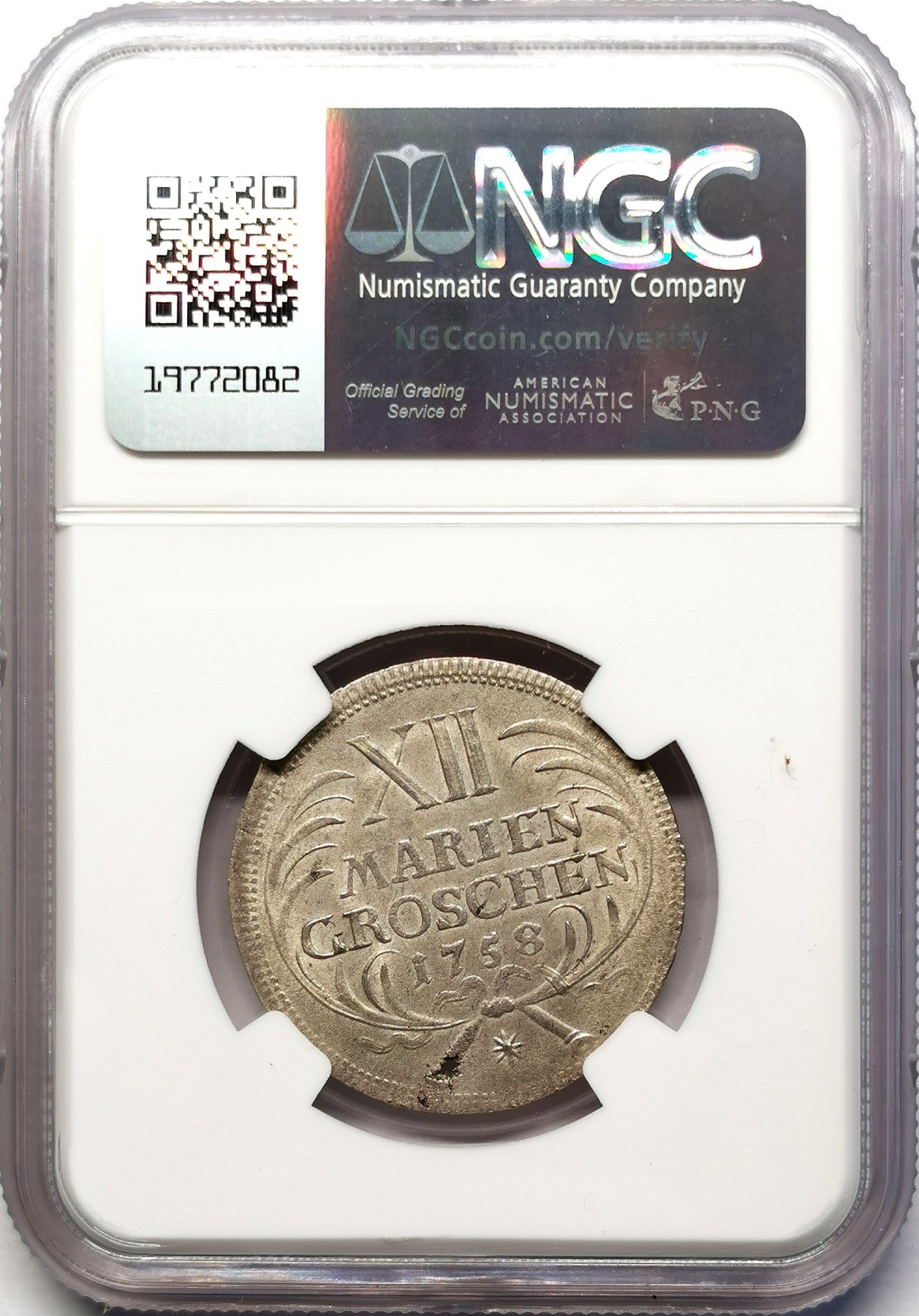 凡希社世界钱币微拍第二百六十三期 1758普鲁士12MarienGroschen（1/3泰勒）银币NGC-MS65 年份下星版，一年型，品相卓越，N唯一最高分！