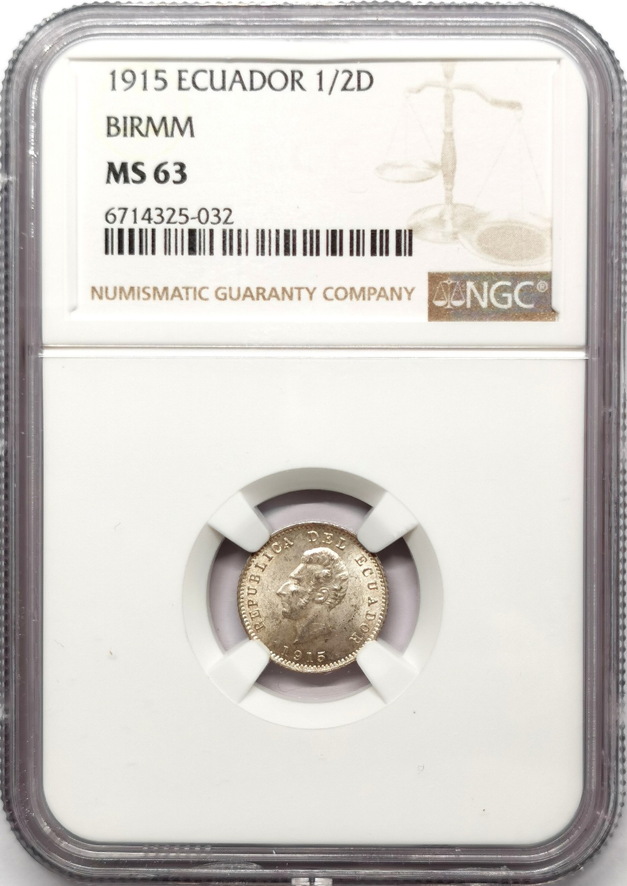 凡希社世界钱币微拍第二百六十三期 1915厄瓜多尔1/2D银辅币NGC-MS63
