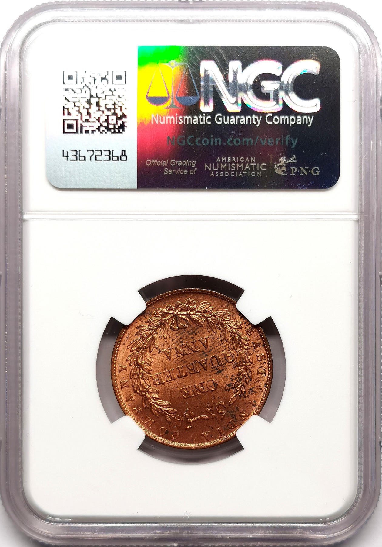 凡希社世界钱币微拍第二百六十三期 1858东印度公司1/4安那铜币NGC-MS63原铜光漂亮！