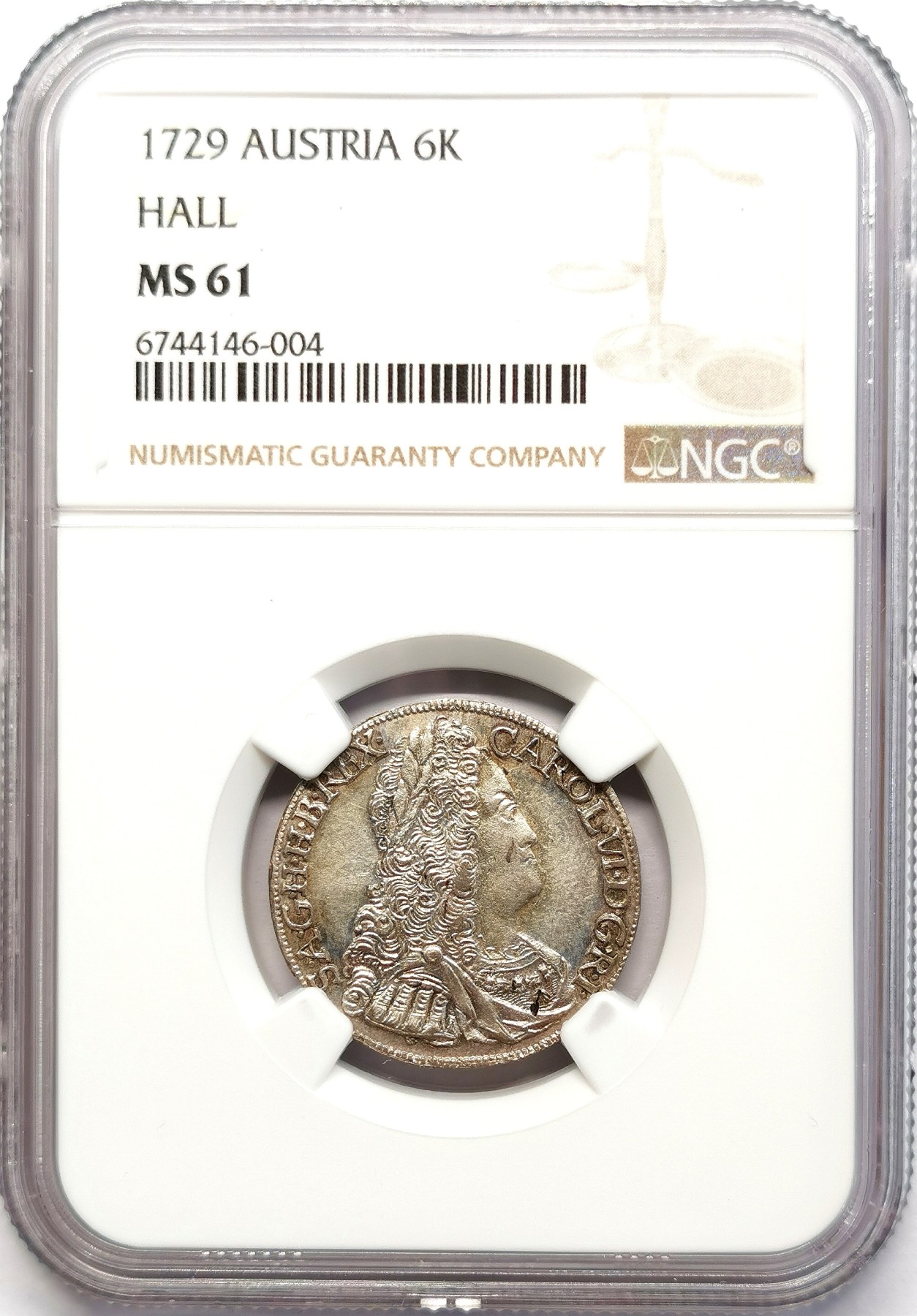 凡希社世界钱币微拍第二百六十三期 1729神罗卡尔六世戎装像6K银币NGC-MS61 压铸细节优秀！