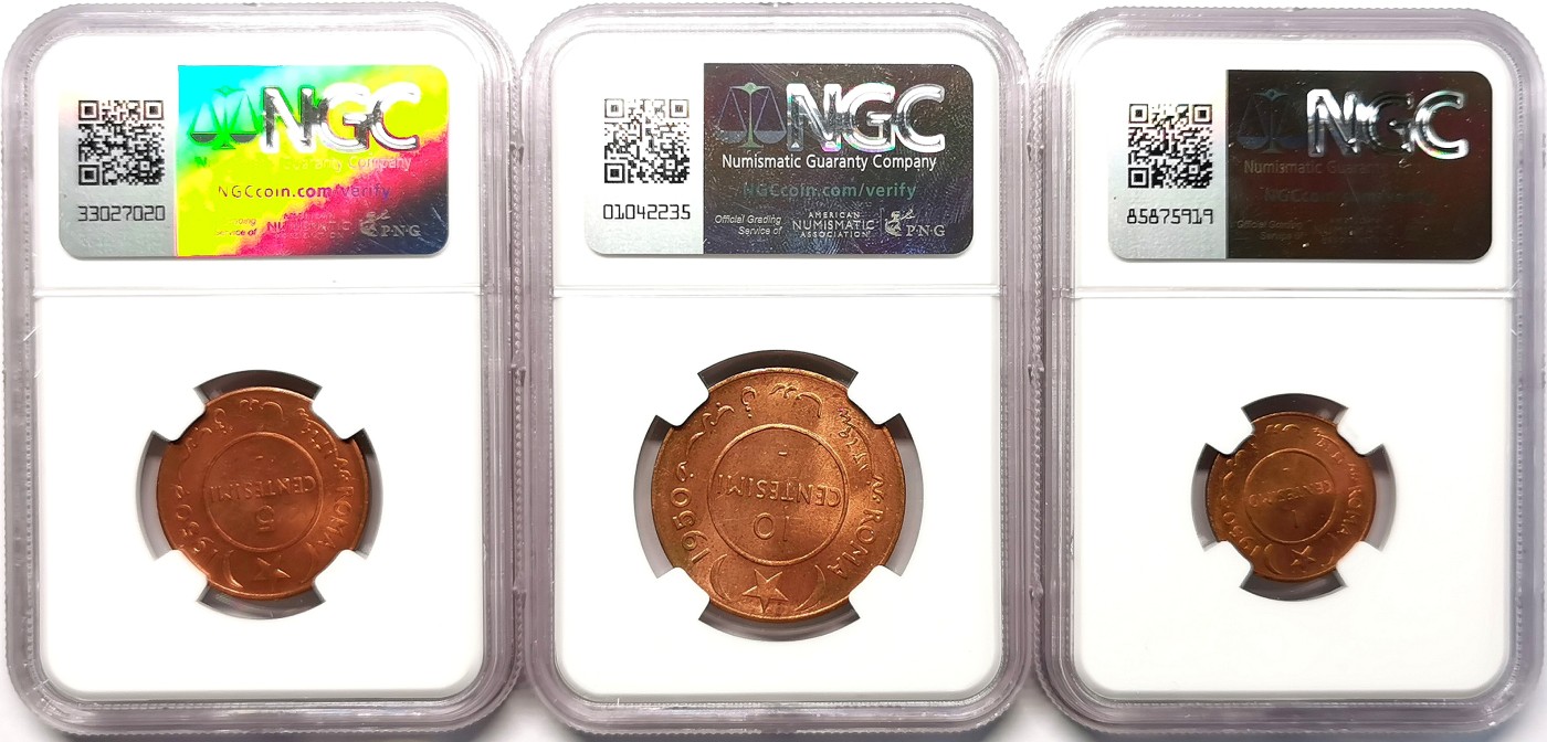 凡希社世界钱币微拍第二百六十三期 1950意托管索马里大象铜币三枚NGC-MS63/64/64原铜光优美！