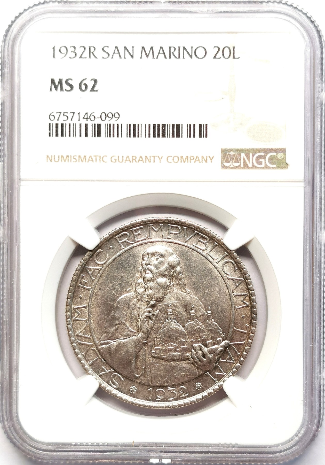 凡希社世界钱币微拍第二百六十三期 1932圣马力诺20里拉大银NGC-MS62