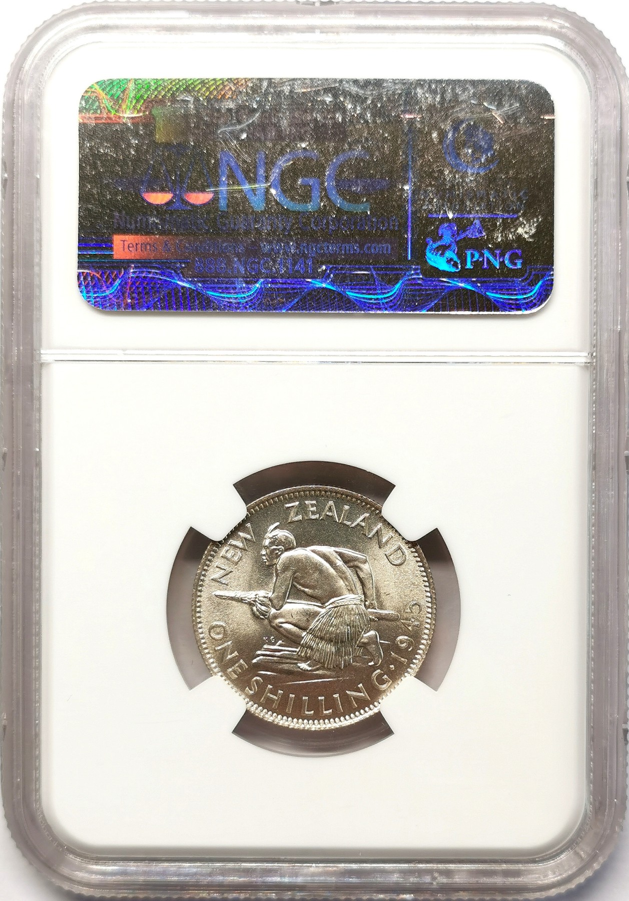 凡希社世界钱币微拍第二百六十三期 1945新西兰乔六先令银币NGC-MS64原光品！