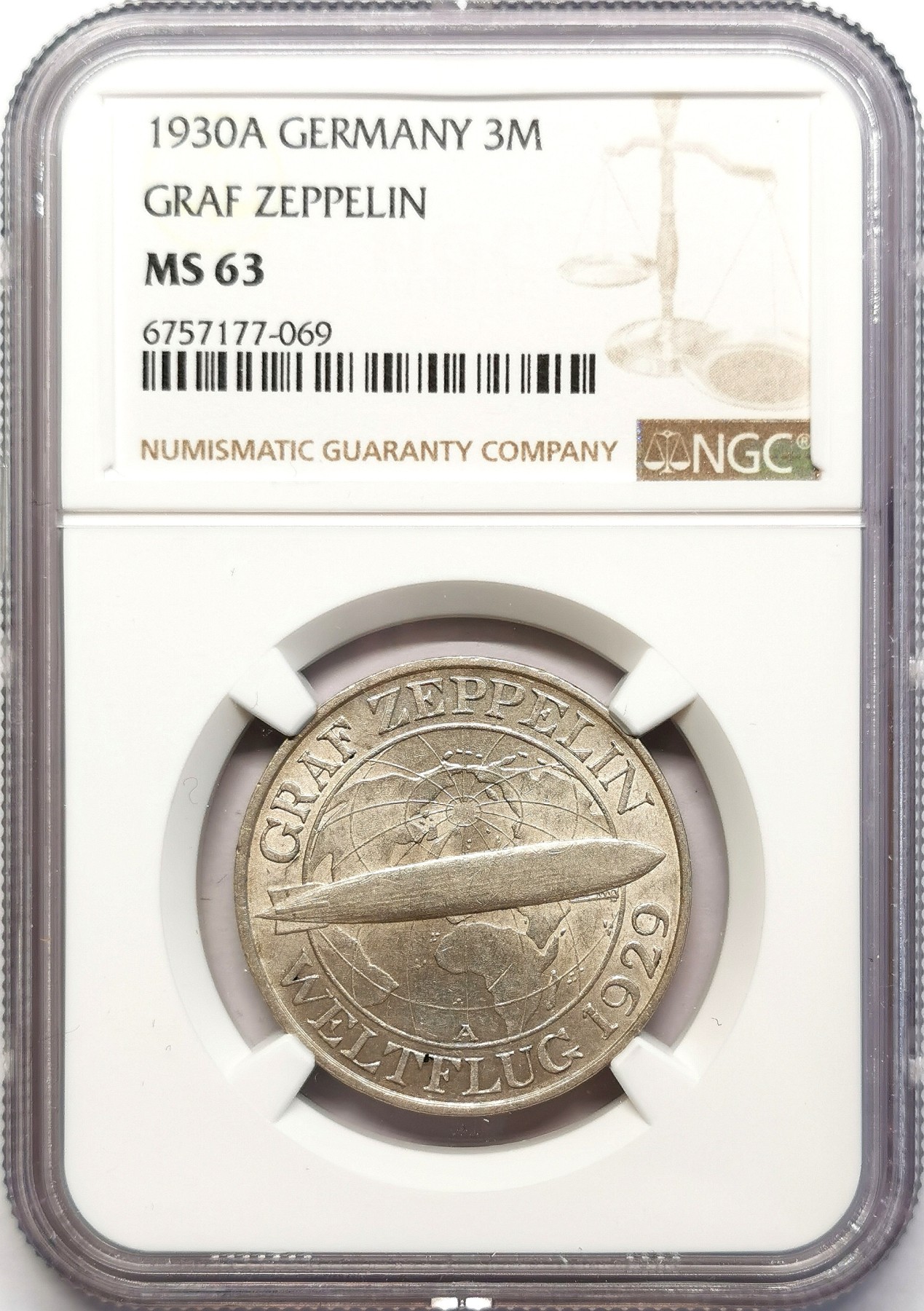 凡希社世界钱币微拍第二百六十三期 1930魏玛德国齐柏林飞艇3马克纪念银币NGC-MS63