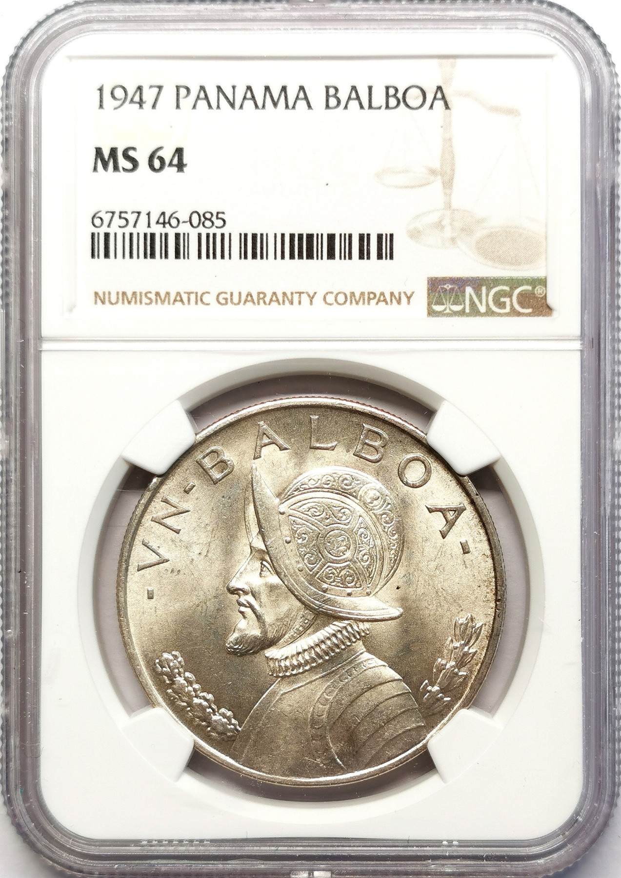 凡希社世界钱币微拍第二百六十三期 1947巴拿马1巴尔博亚大银NGC-MS64 车轮转光！