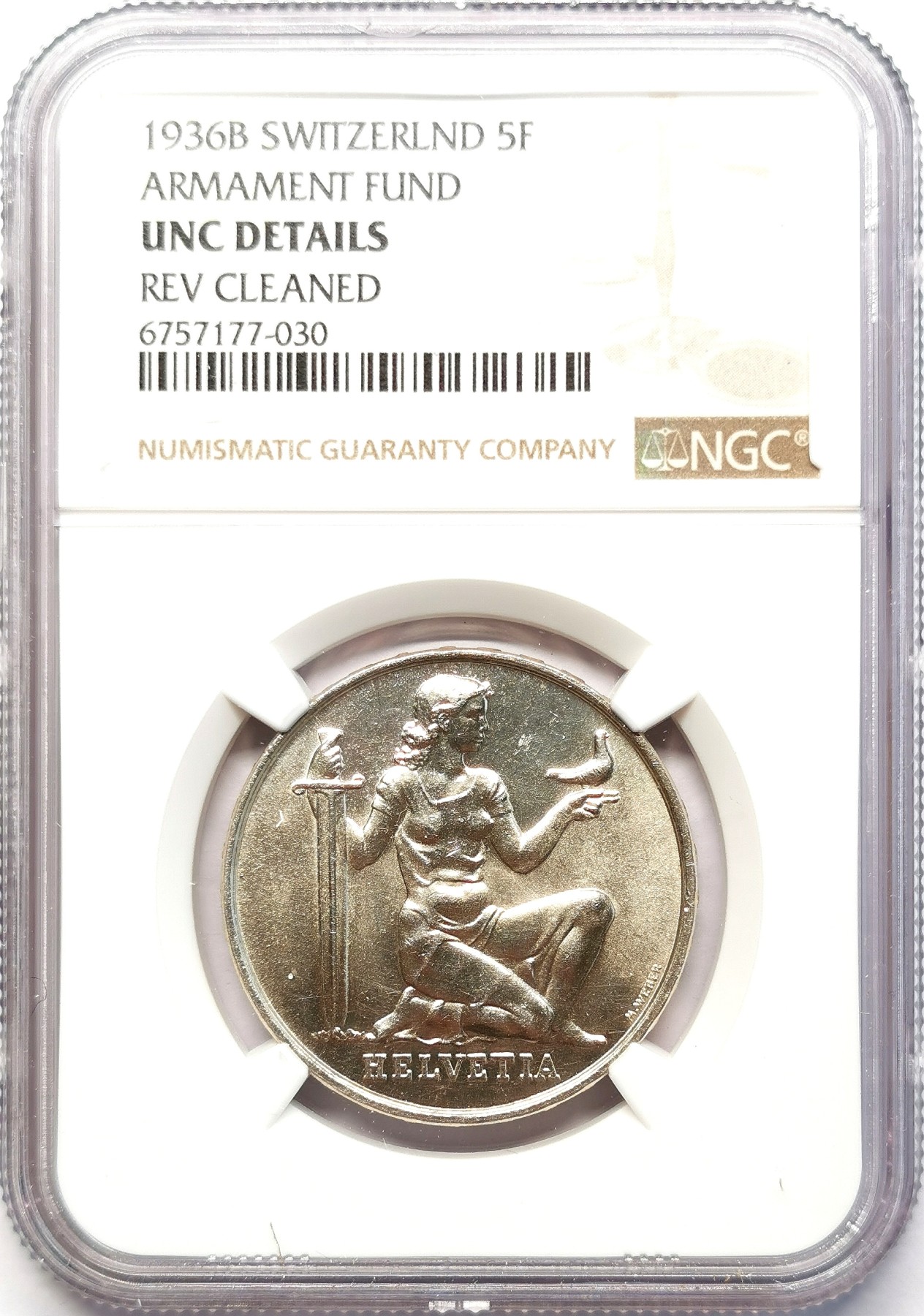 凡希社世界钱币微拍第二百六十三期 1936瑞士军备基金5法郎银币NGC-UNCD