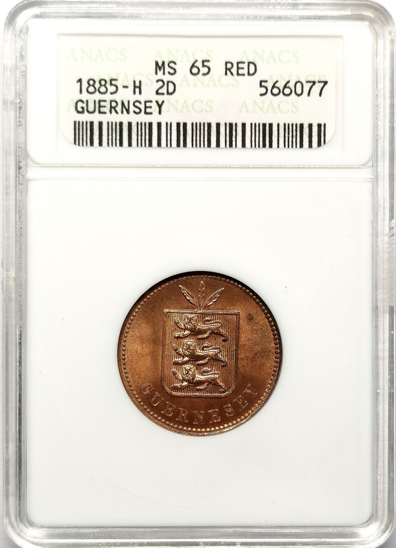 凡希社世界钱币微拍第二百六十三期 1885H根西2道波铜币ANACS-MS65