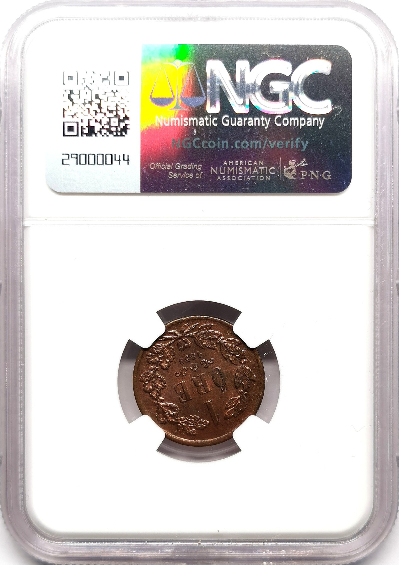 凡希社世界钱币微拍第二百六十三期 1858LA瑞典奥斯卡一世1欧尔铜币NGC-MS64，色泽厚重优美！