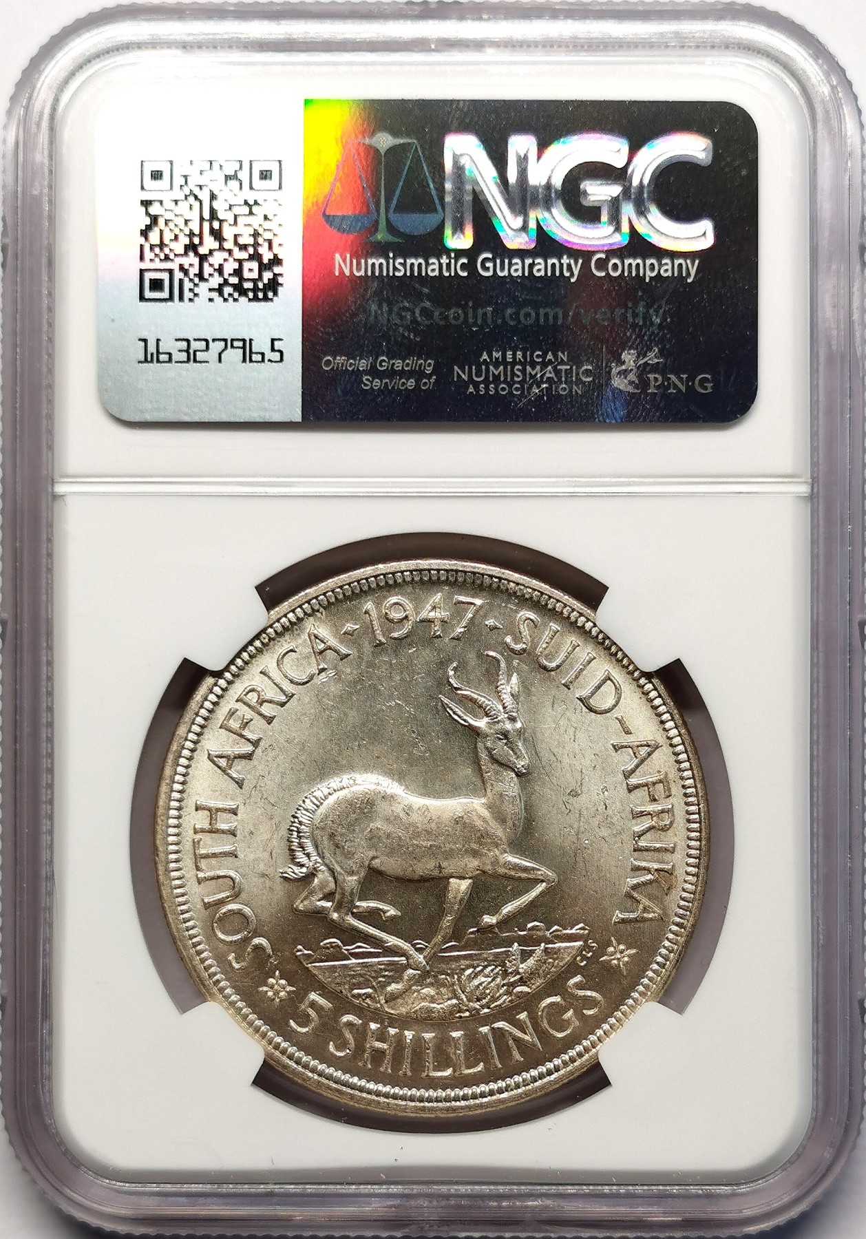 凡希社世界钱币微拍第二百六十三期 1947英属南非乔六5先令大银NGC-MS62