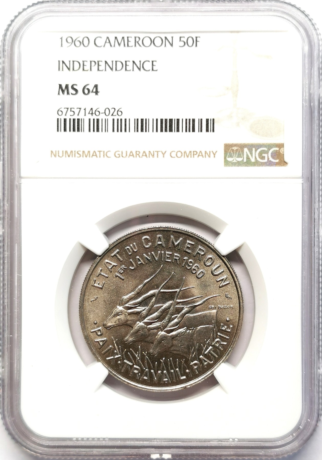 凡希社世界钱币微拍第二百六十三期 1960喀麦隆独立纪念50法郎NGC-MS64