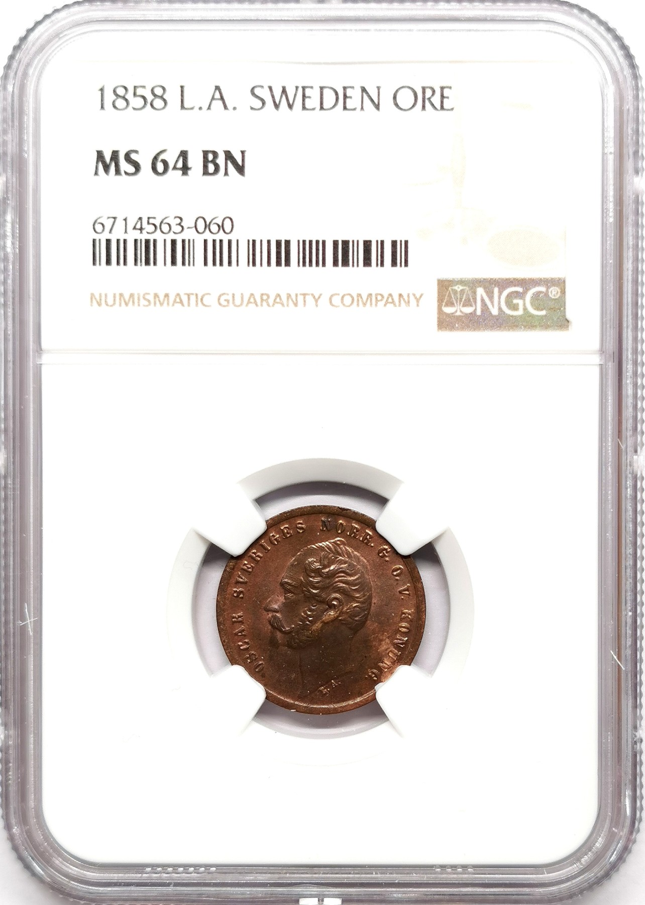 凡希社世界钱币微拍第二百六十三期 1858LA瑞典奥斯卡一世1欧尔铜币NGC-MS64，色泽厚重优美！