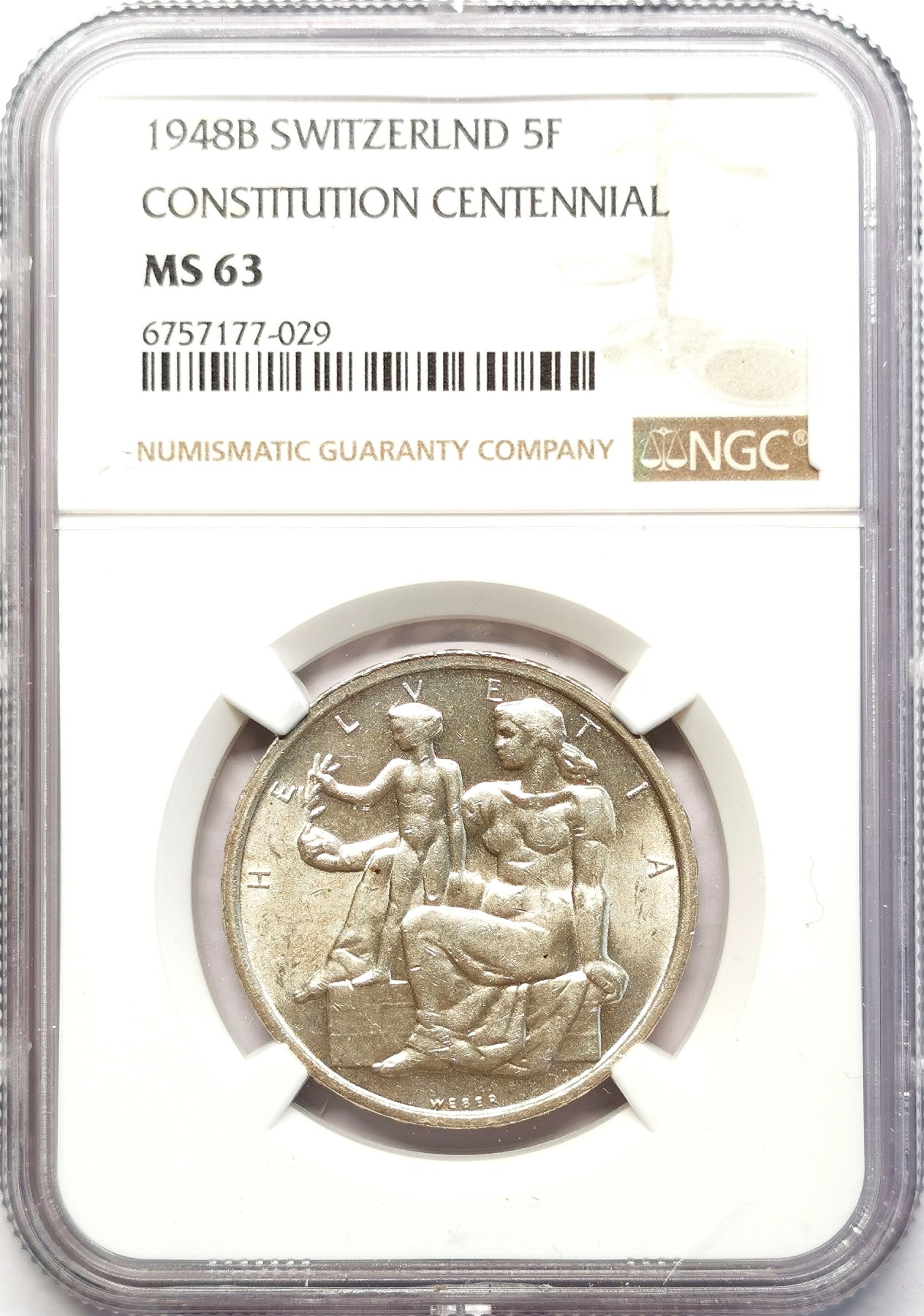凡希社世界钱币微拍第二百六十三期 1948瑞士联邦宪法百年纪念5法郎NGC-MS63