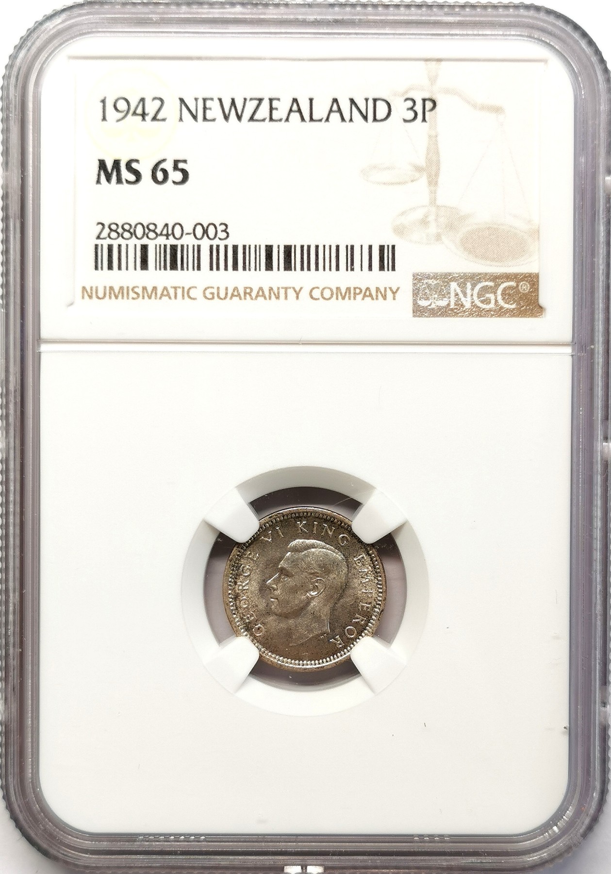 凡希社世界钱币微拍第二百六十三期 1942新西兰乔六3P银币NGC-MS65