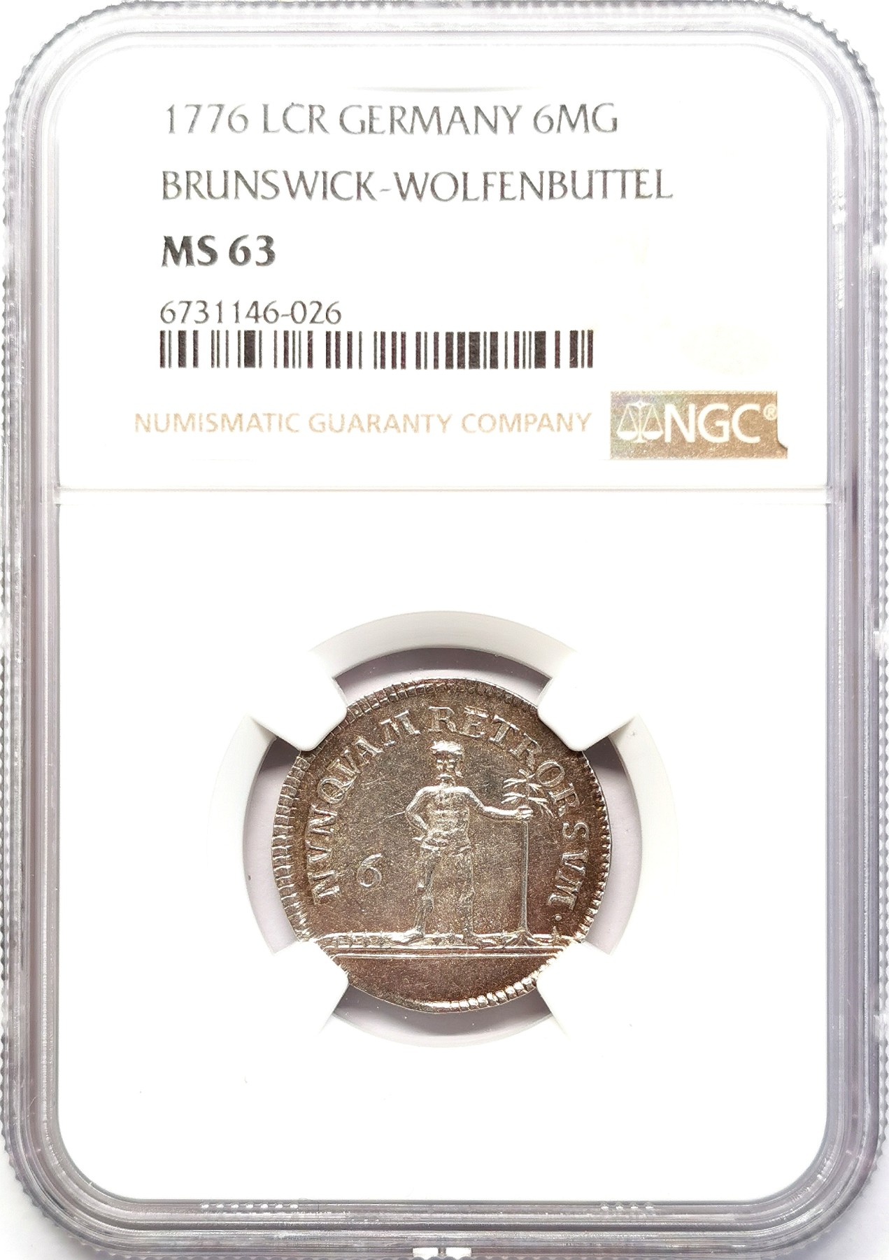 凡希社世界钱币微拍第二百六十三期 1776布伦瑞克-沃芬伯特小野人6Mariengroschen银辅币NGC-MS63，MS品相十分难得！