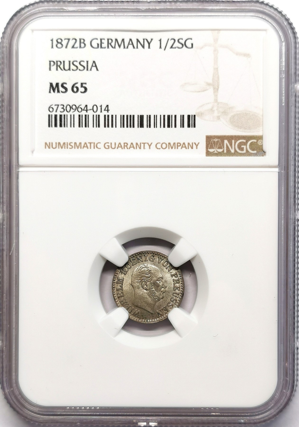 凡希社世界钱币微拍第二百六十三期 1872B普鲁士威廉三世1/2SG银辅币NGC-MS65高分顶级品！